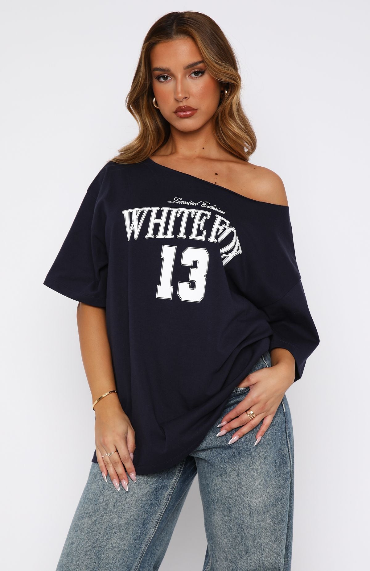 Premium Off-Shoulder Oversized Tee in Navy - Ultimate Chic Style