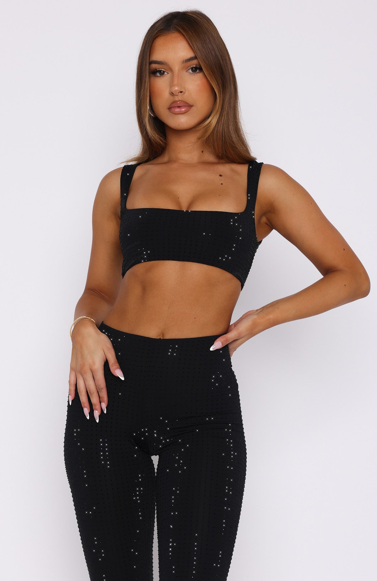 Premium Running Late Embellished Crop Top - Black