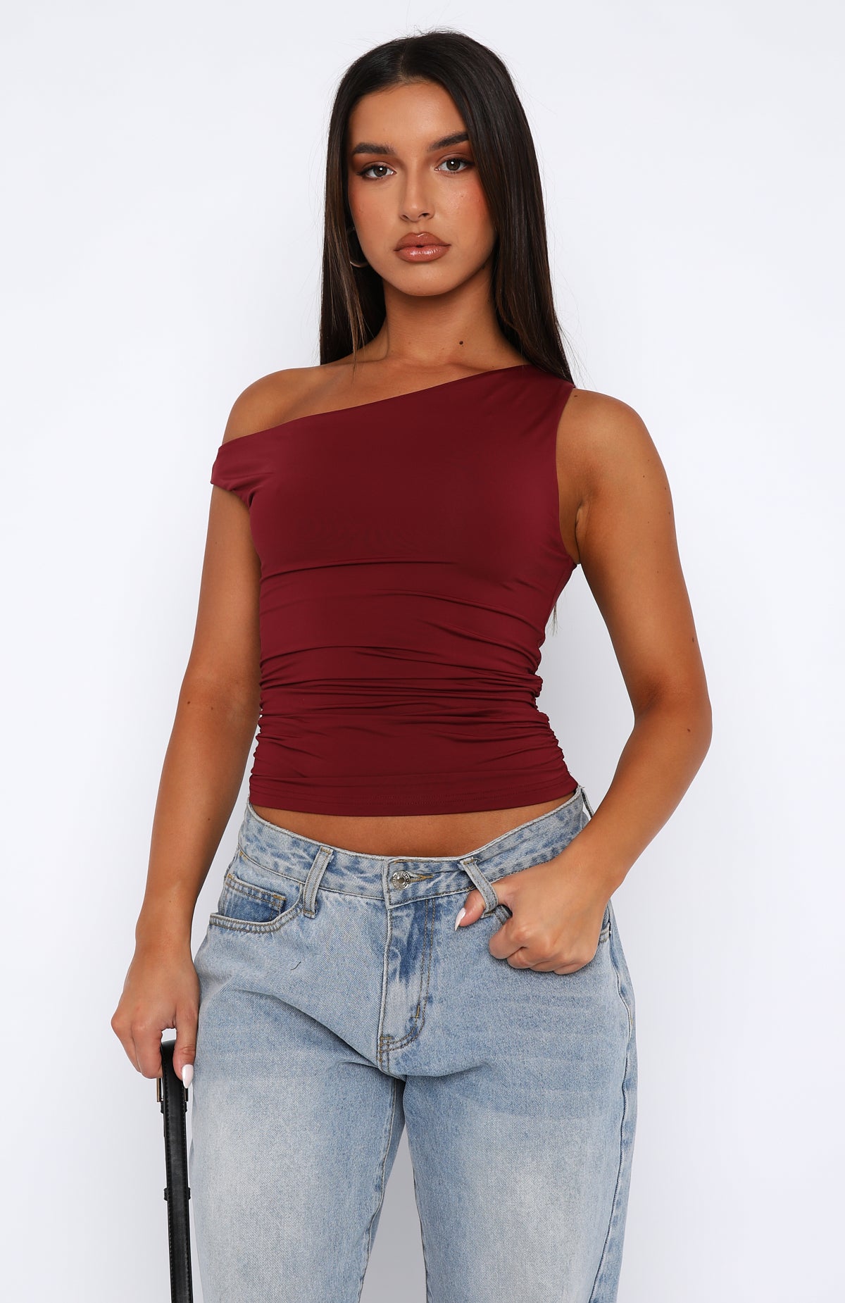 Premium Stay With You Wine One-Shoulder Top