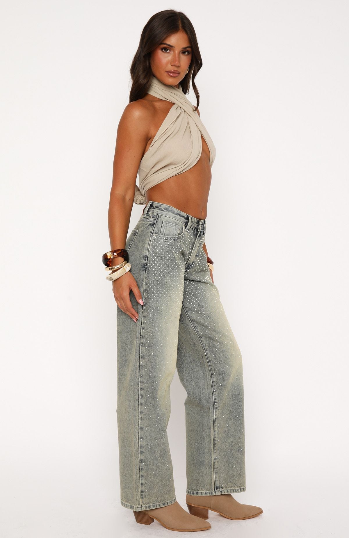 Premium Luna Low Rise Wide Leg Jeans in Washed Sand