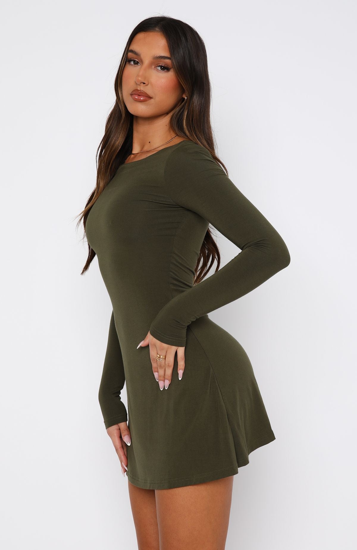 Ultimate Long Sleeve Mini Dress in Olive - Premium Stretch Fabric