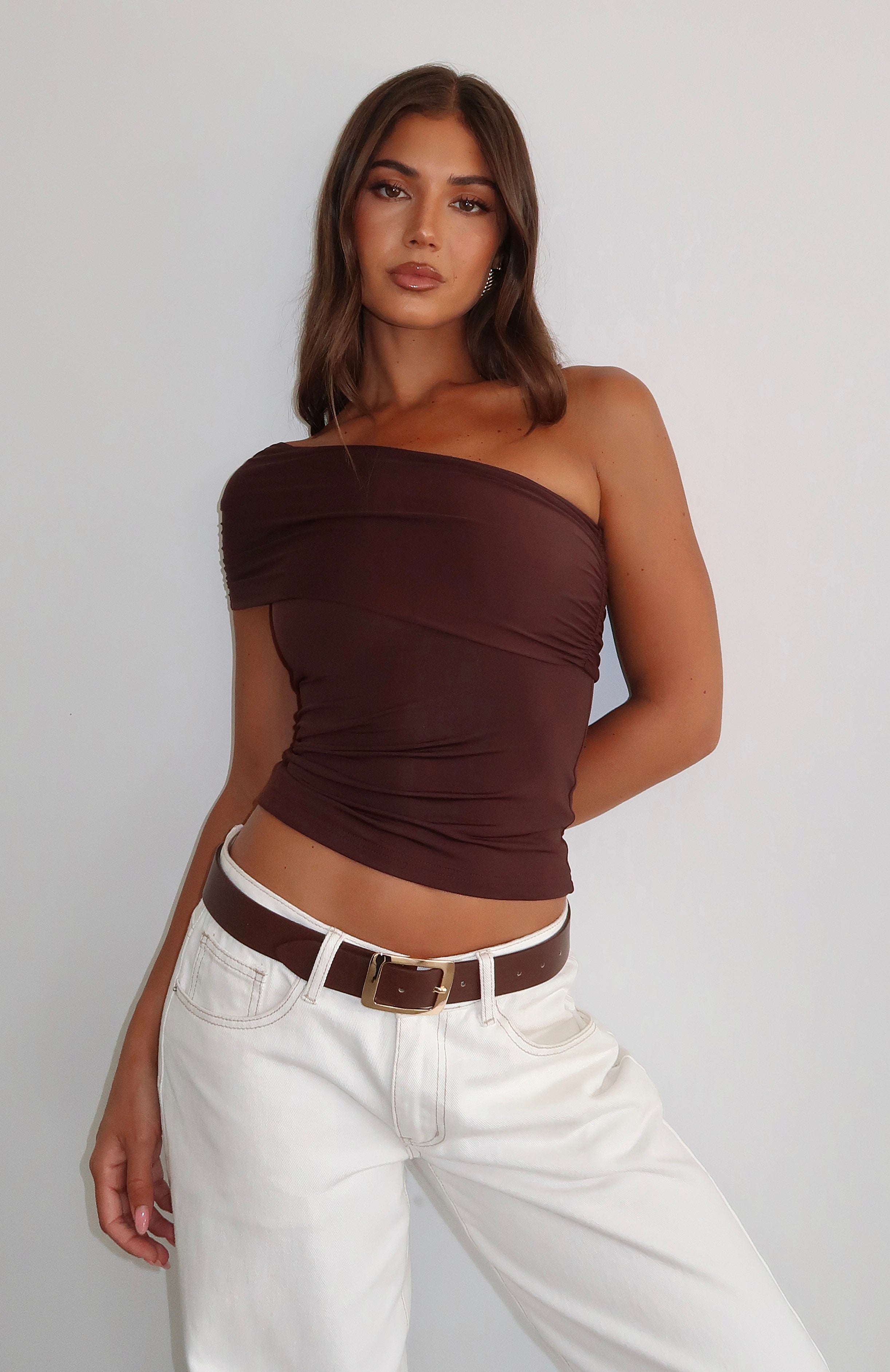 Ultimate One-Shoulder Crop Top in Chocolate