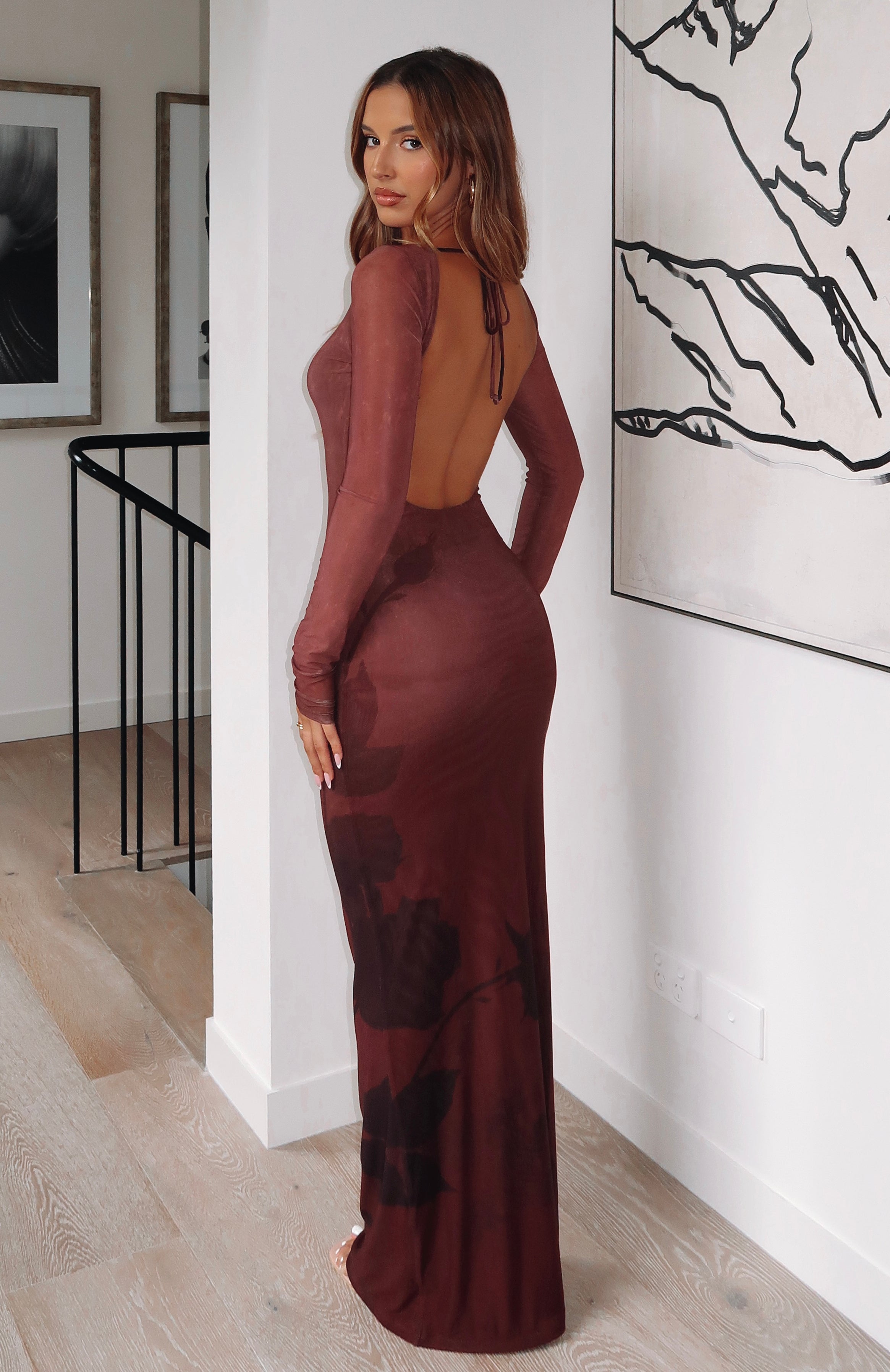 Premium No Halo Long Sleeve Maxi Dress - Cocoa Bloom