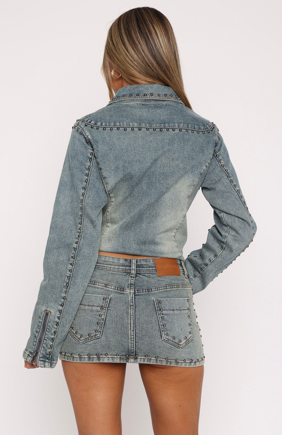 Premium Blake Studded Denim Mini Skirt - Brown Blue