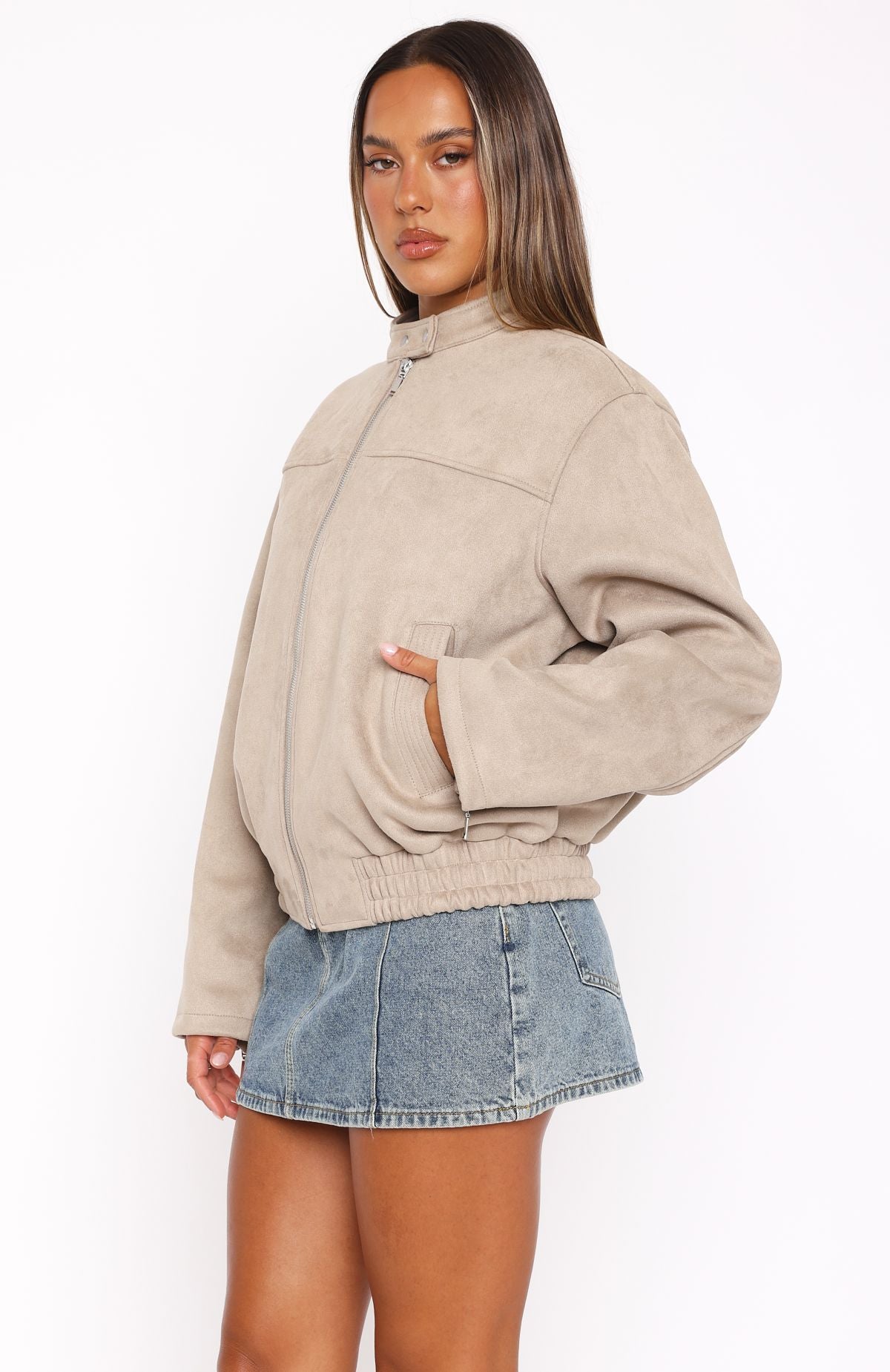 Premium Suede Bomber Jacket - Sand