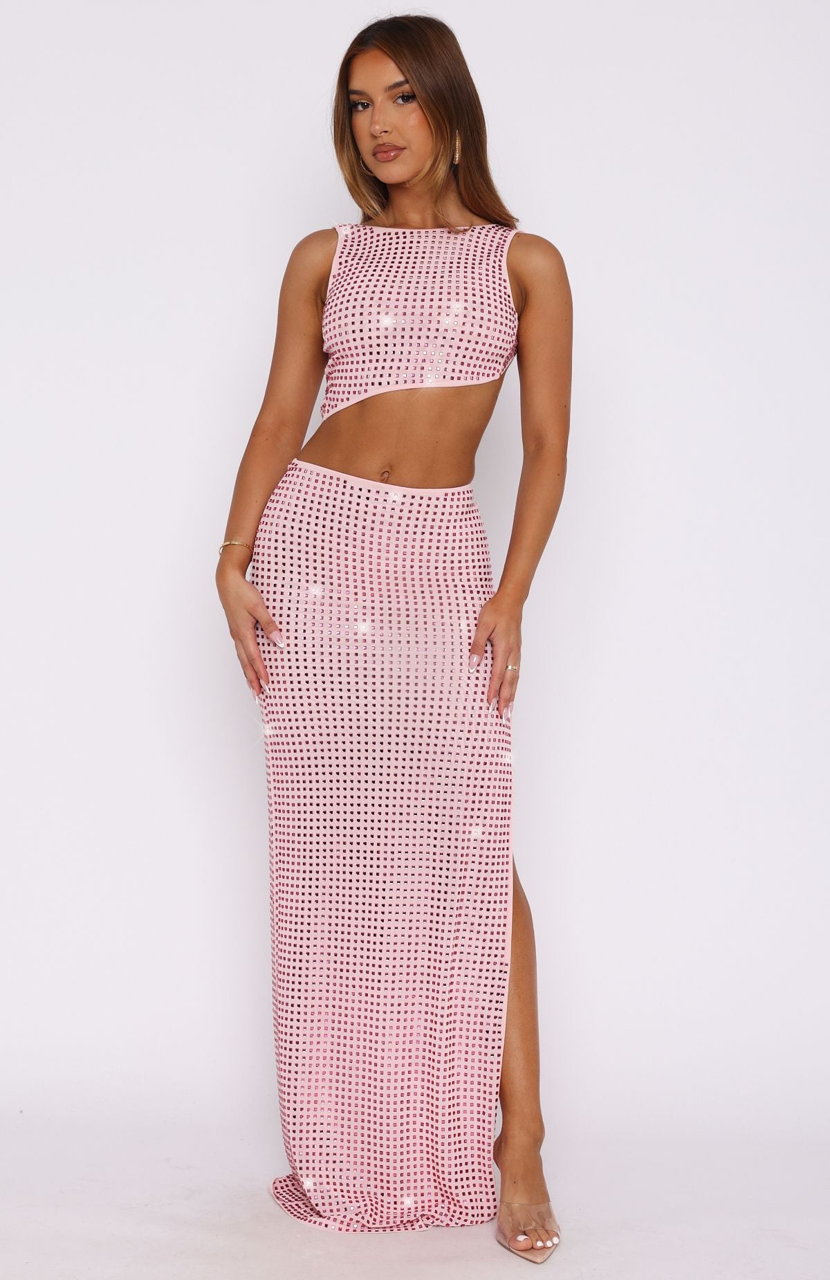 Premium Embellished Maxi Dress in Baby Pink