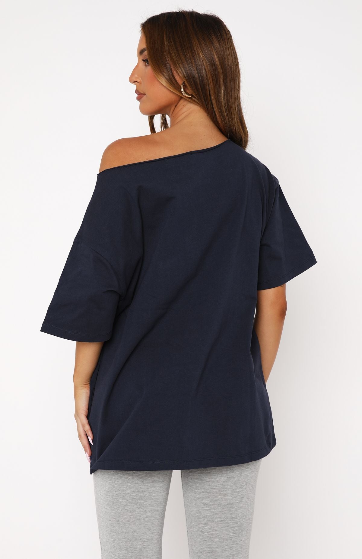 Premium Your Favourite View Off Shoulder Oversized Tee - Navy Blue