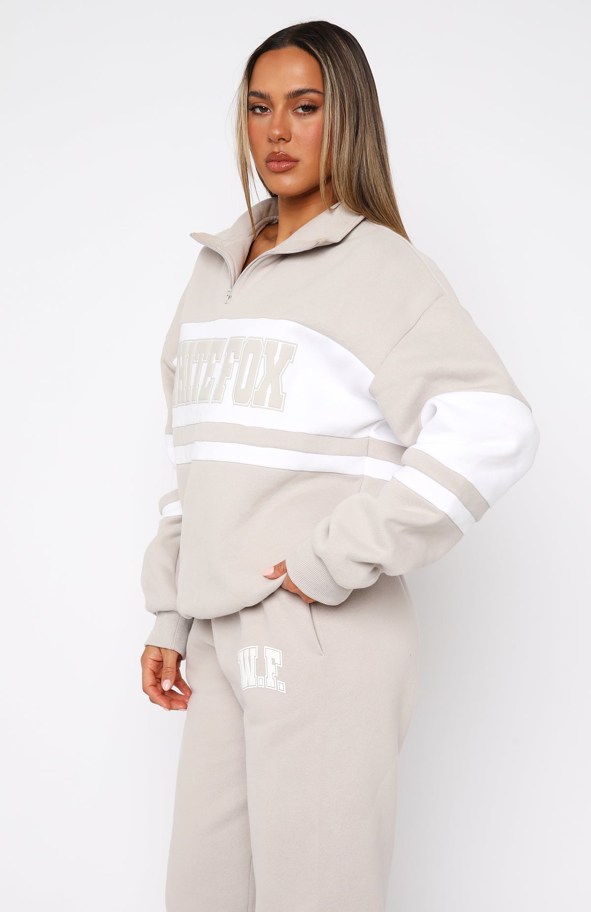 Premium Decade Classics Varsity Zip Front Sweater - Moon/White | Ultimate Comfort