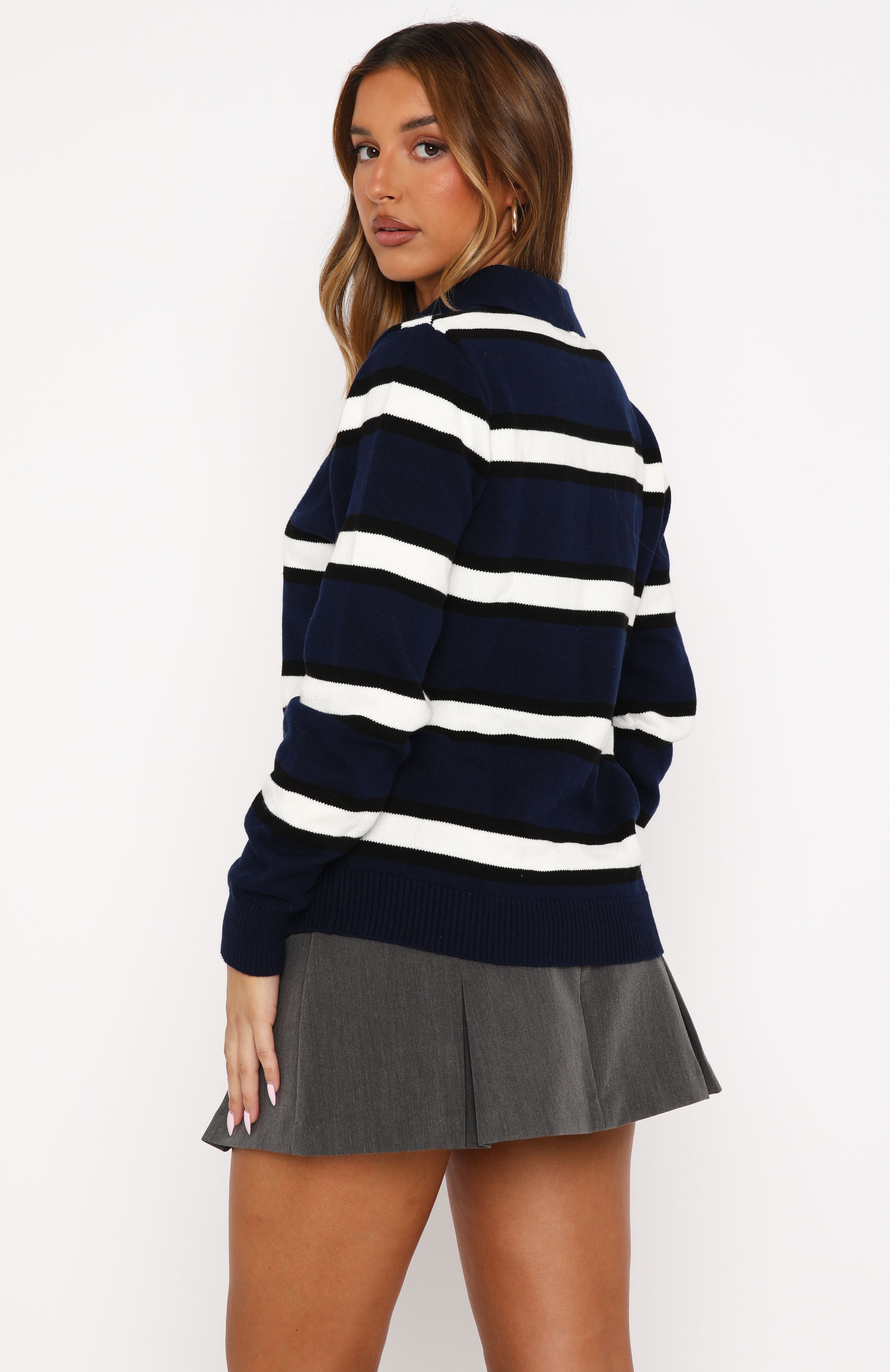 Premium Knitted Polo Sweater - Navy Stripe | Timeless Style