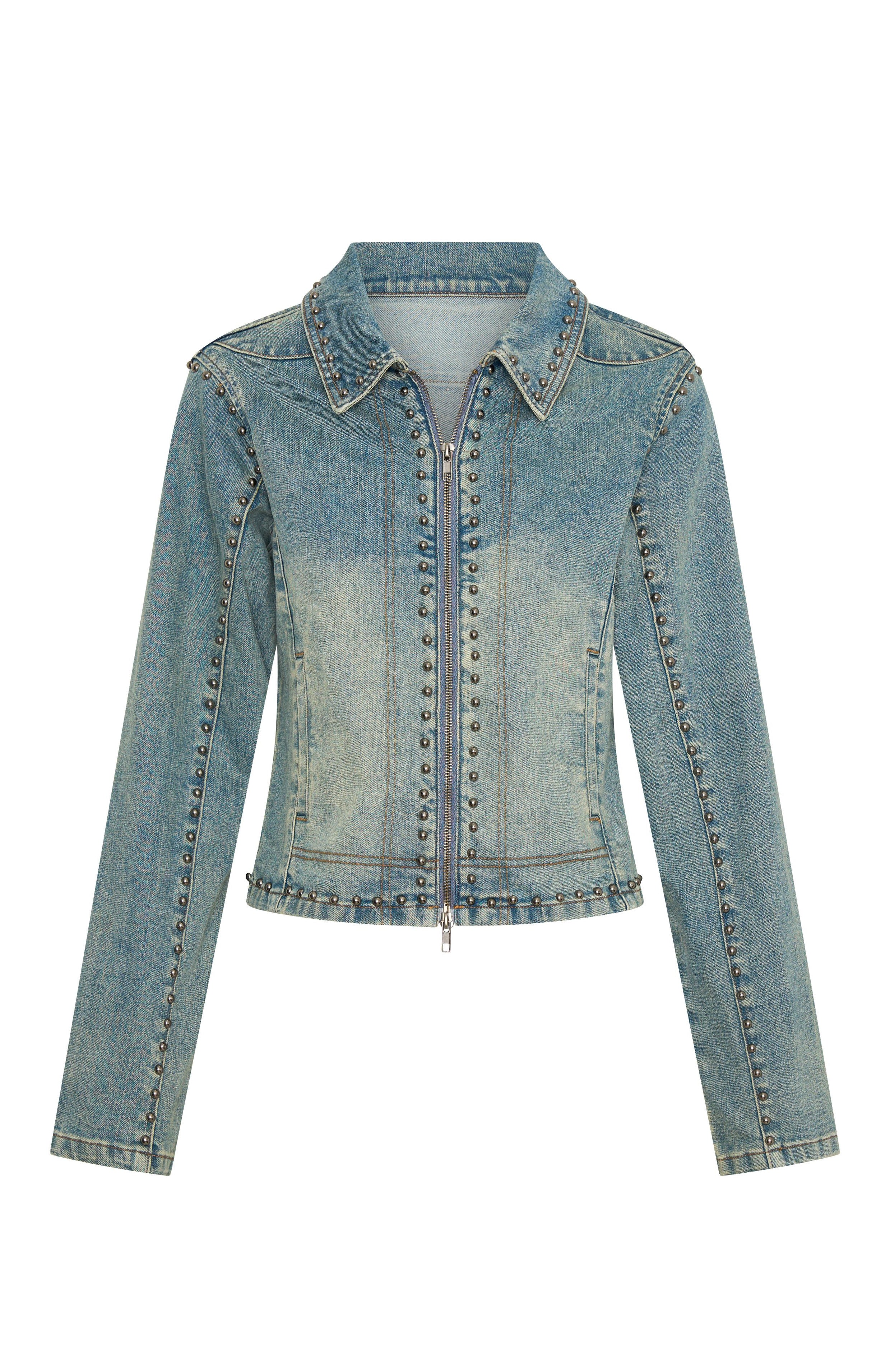 Premium Blake Studded Denim Jacket - Brown Blue