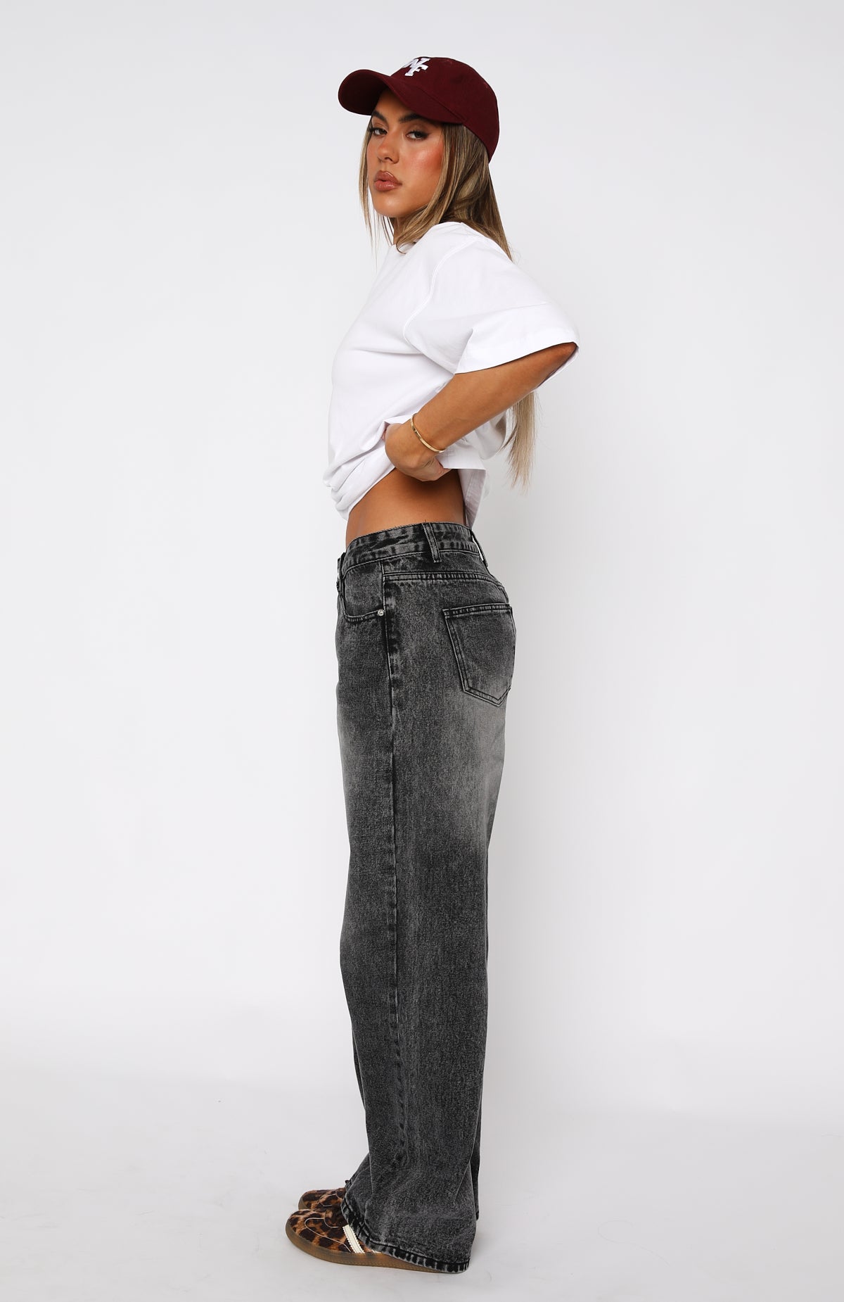 Premium Low Rise Wide Leg Jeans - Grey Acid Wash