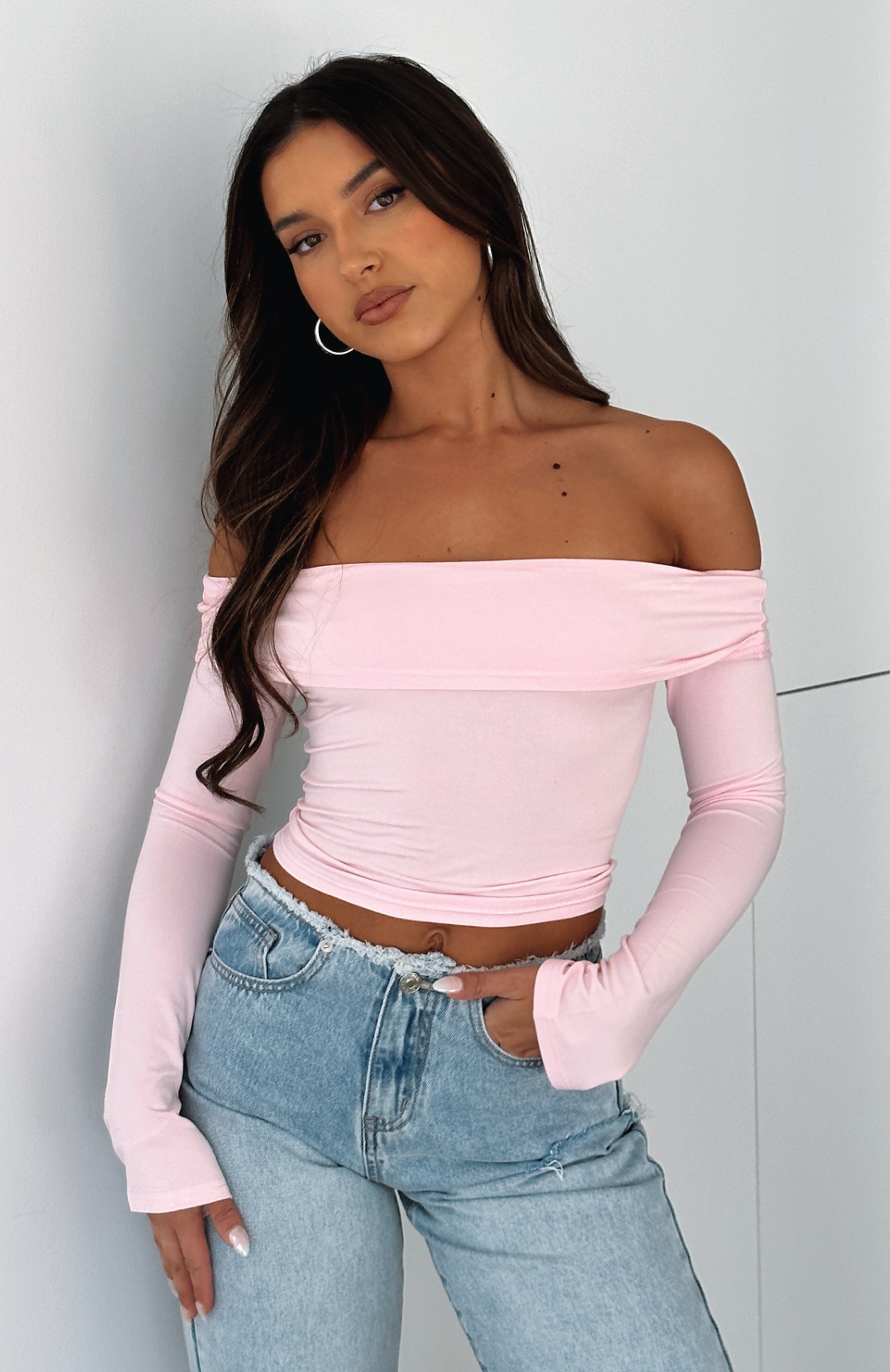 Premium Keep Saying Sorry Off-Shoulder Long Sleeve Top in Baby Pink