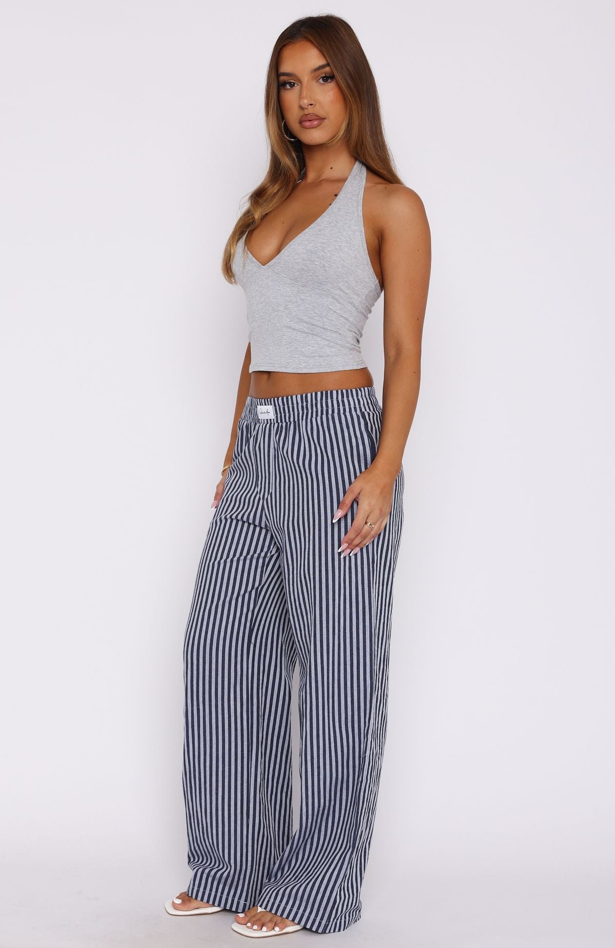 Premium Striped High-Waisted Pants - Navy