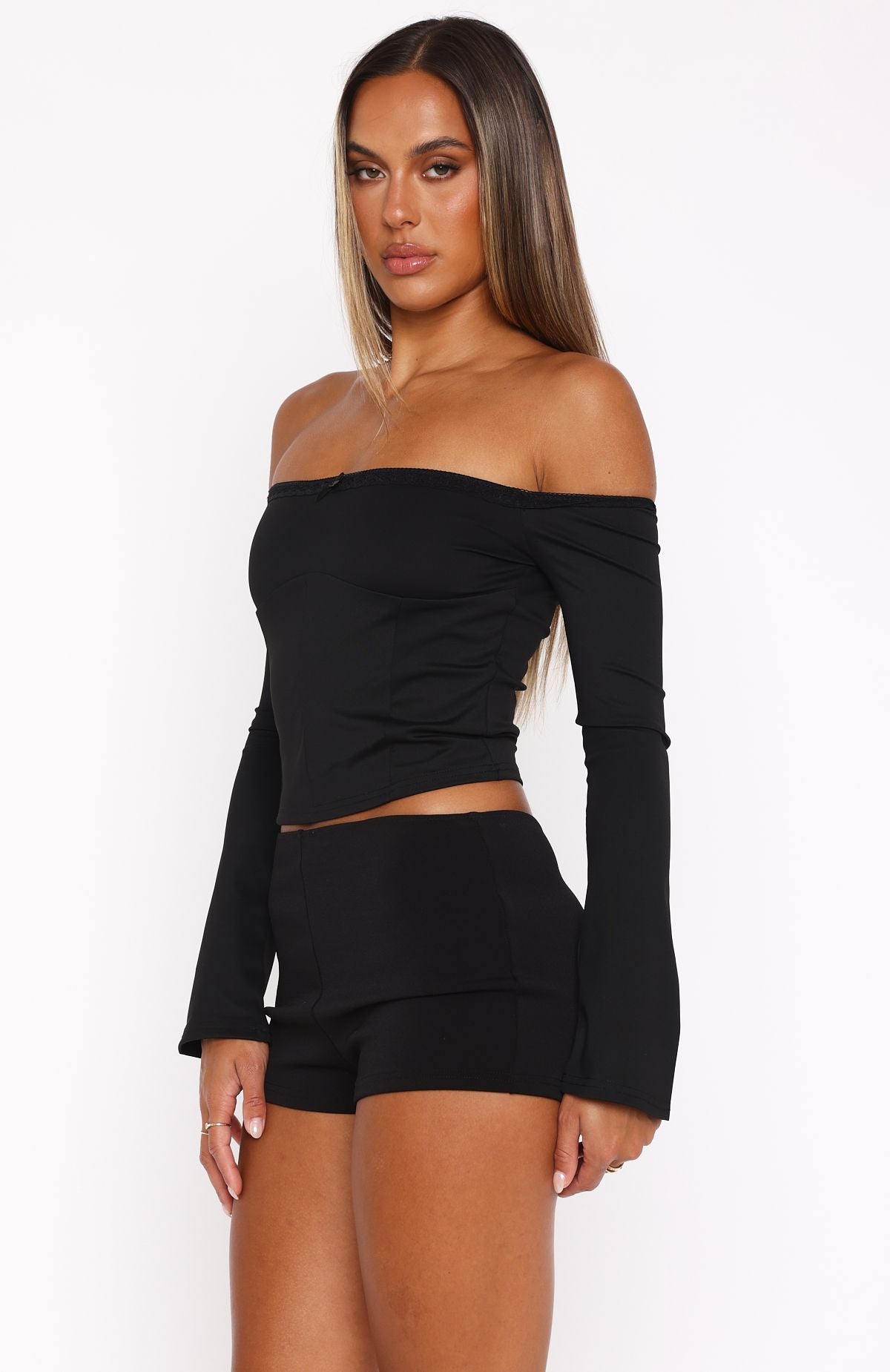 Premium Garden Party Off-Shoulder Long Sleeve Top - Black