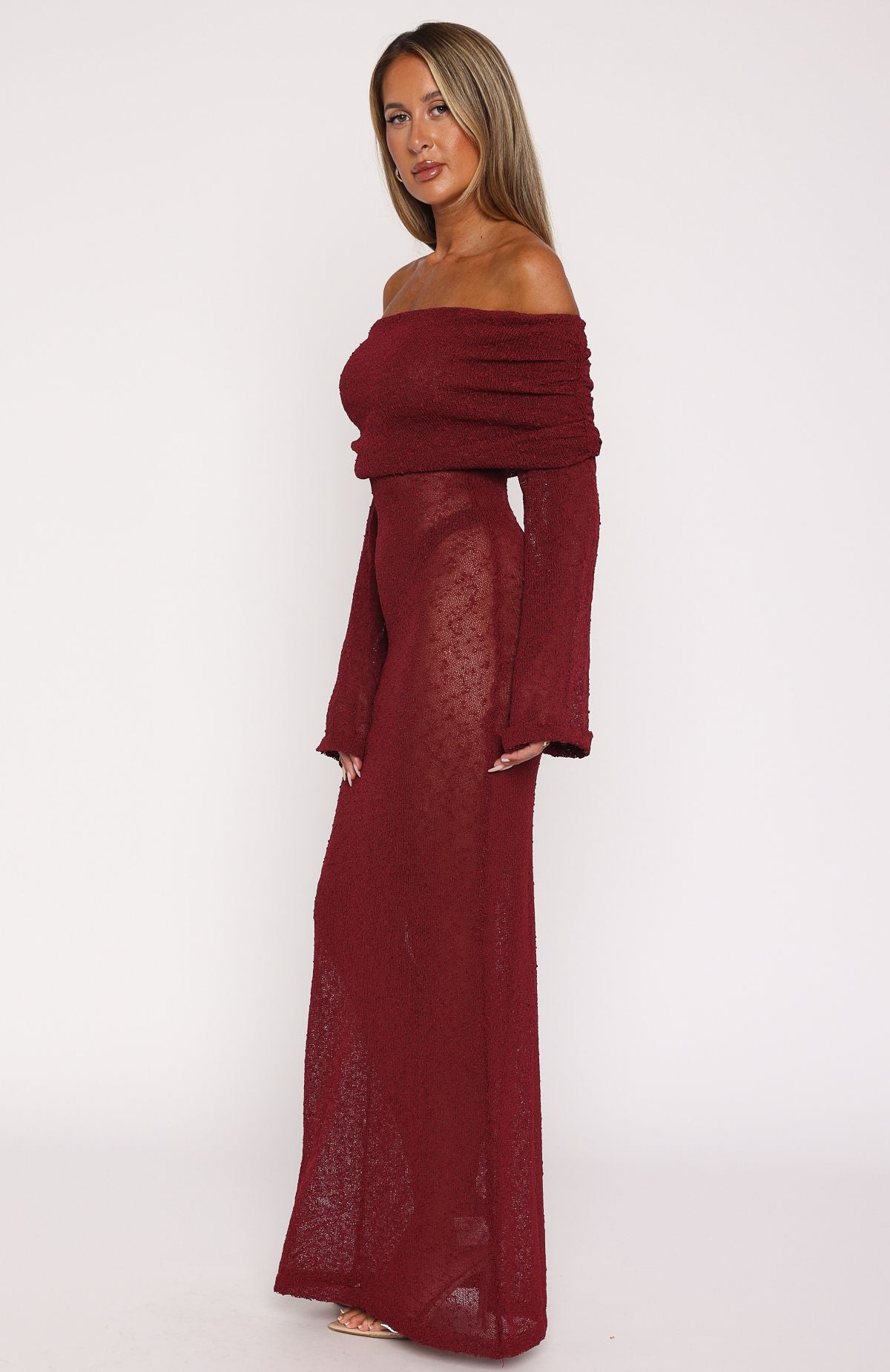 Premium Burgundy Boucle Maxi Dress - Long Sleeve Off-Shoulder Design