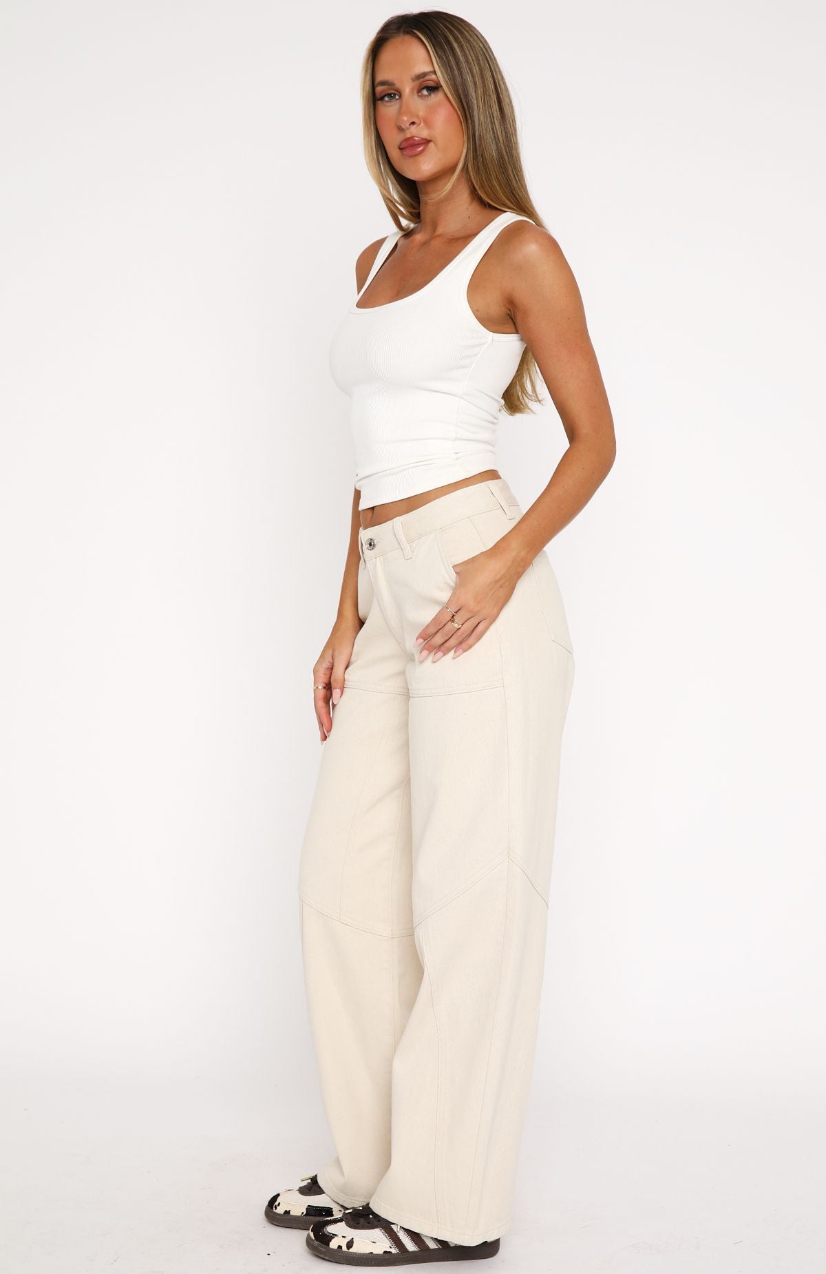 Premium Selena Low Rise Wide Leg Jeans - Cream