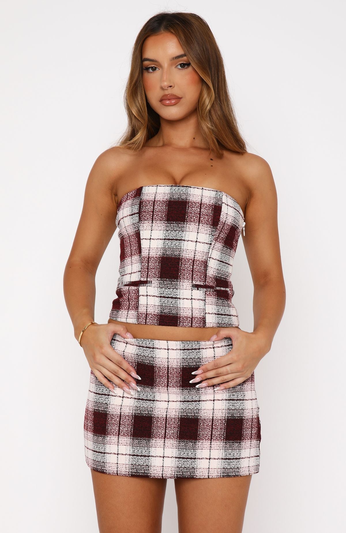 Premium XOXO Strapless Bustier in Red Plaid