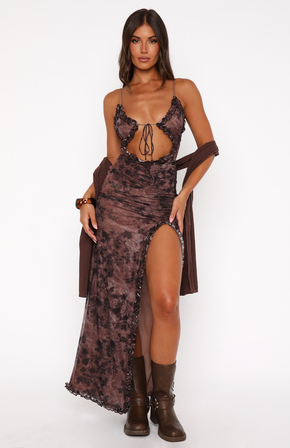 Premium High Voltage Maxi Dress - Mahogany Leaffall Collection