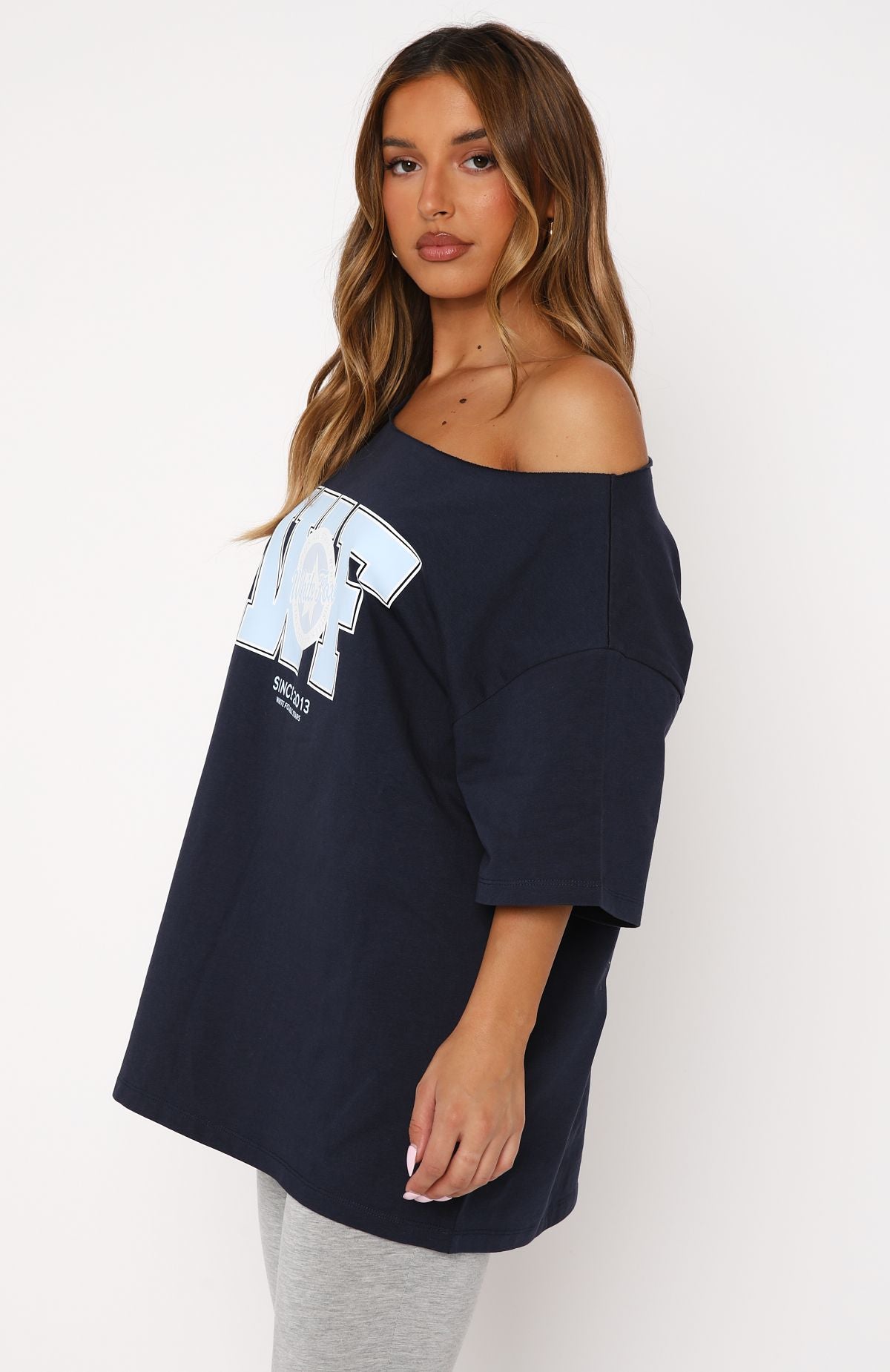 Premium Your Favourite View Off Shoulder Oversized Tee - Navy Blue