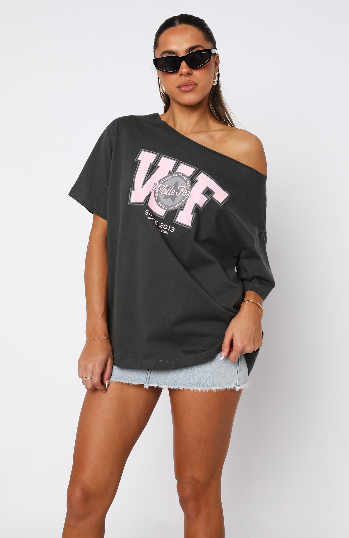 Premium Off-Shoulder Oversized Graphic Tee - Charcoal