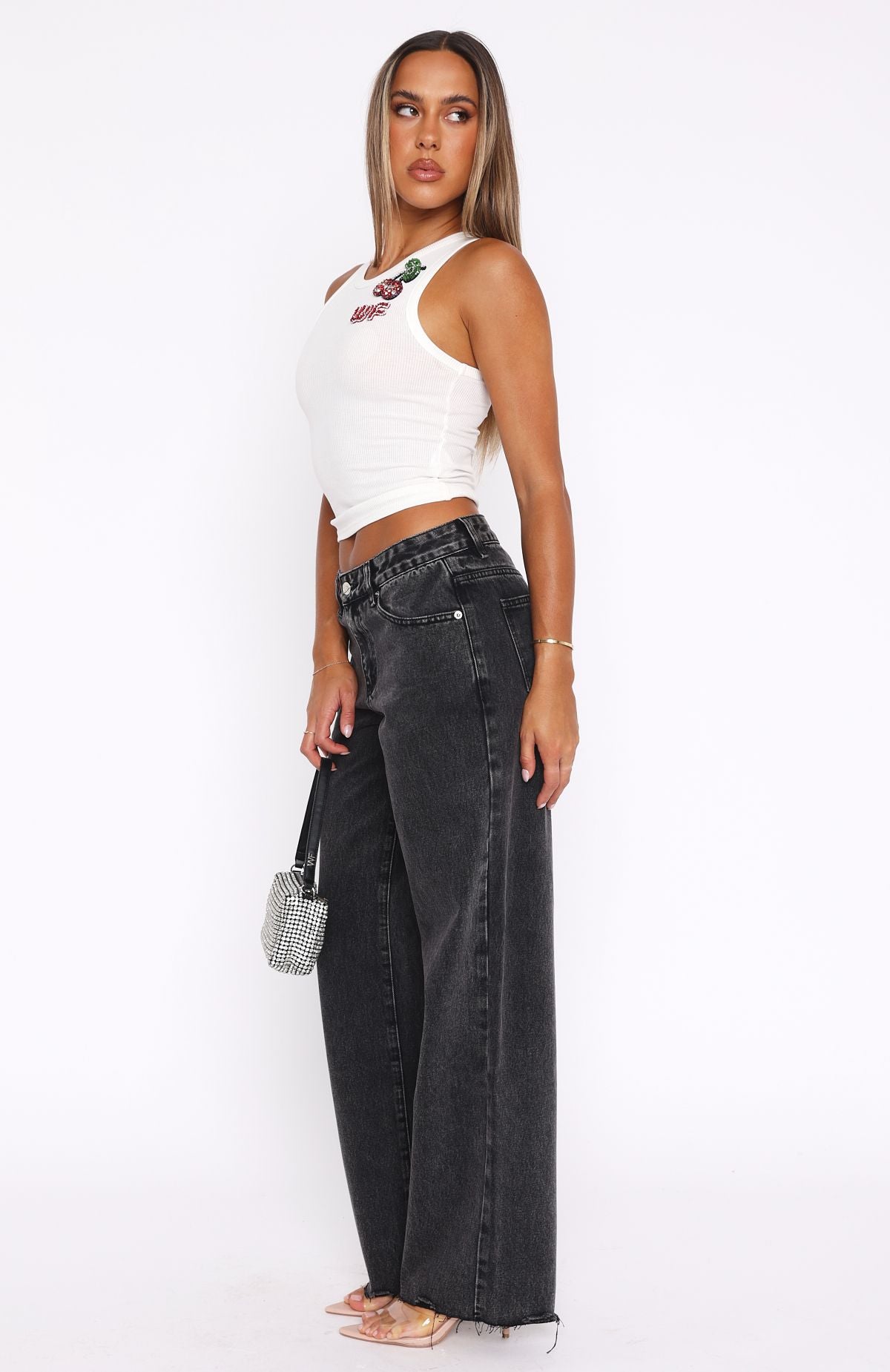 Premium Claire Low Rise Wide Leg Jeans - Black Acid Wash