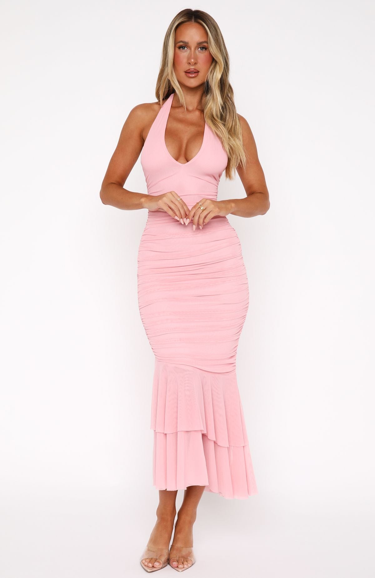 Premium Electric Love Halter Midi Dress in Baby Pink