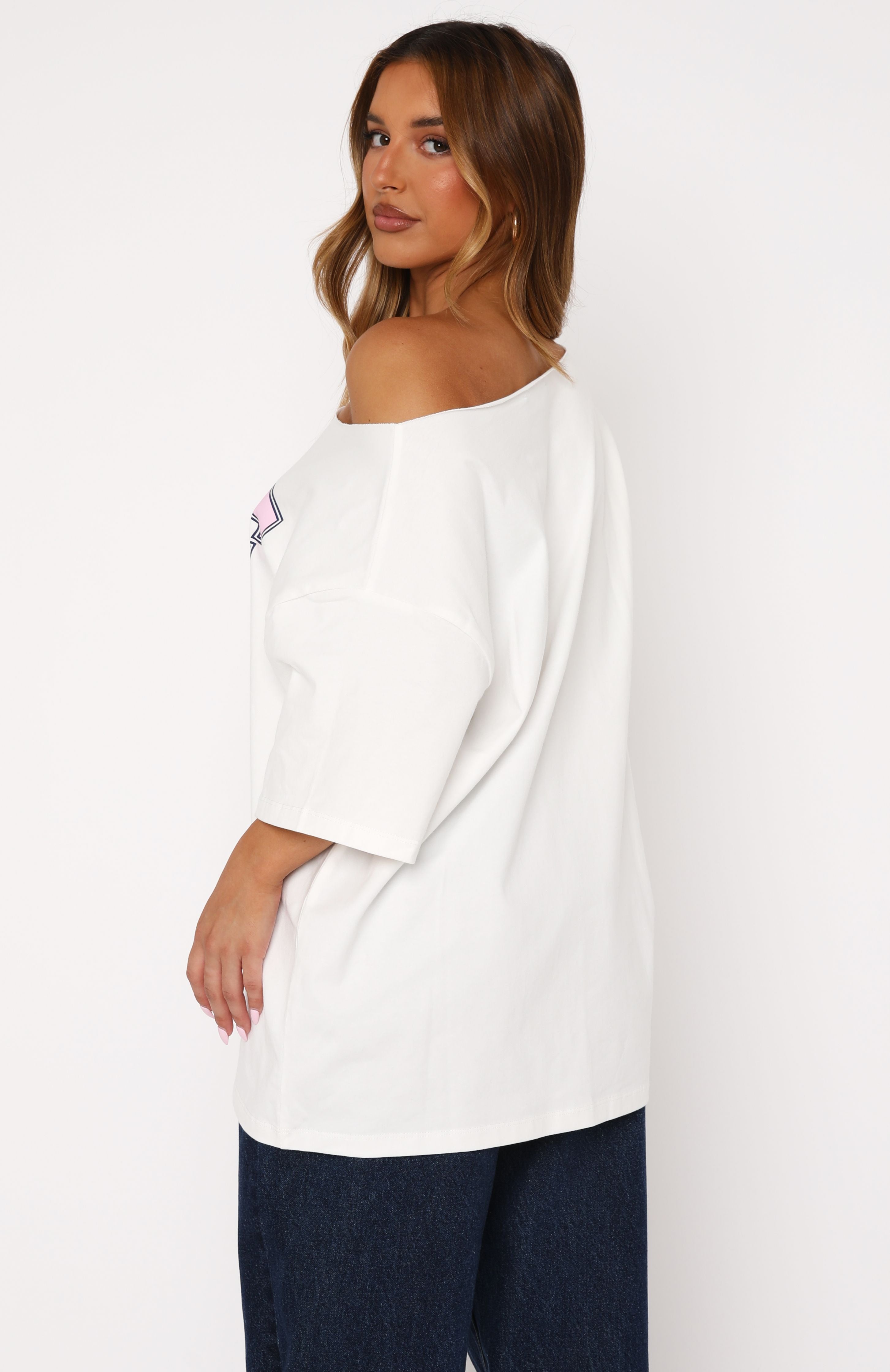 Premium Off-Shoulder Oversized Graphic Tee - White