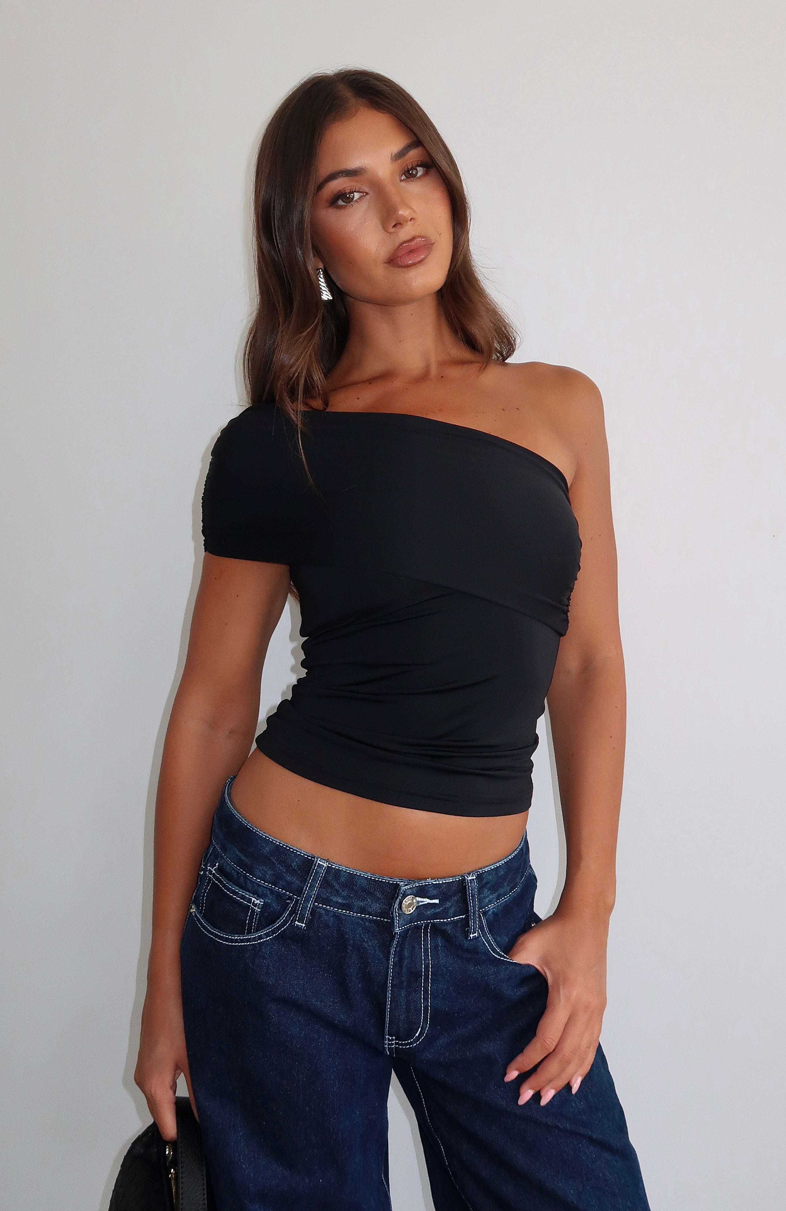 Premium Don't Worry About It One Shoulder Top - Ultimate Black