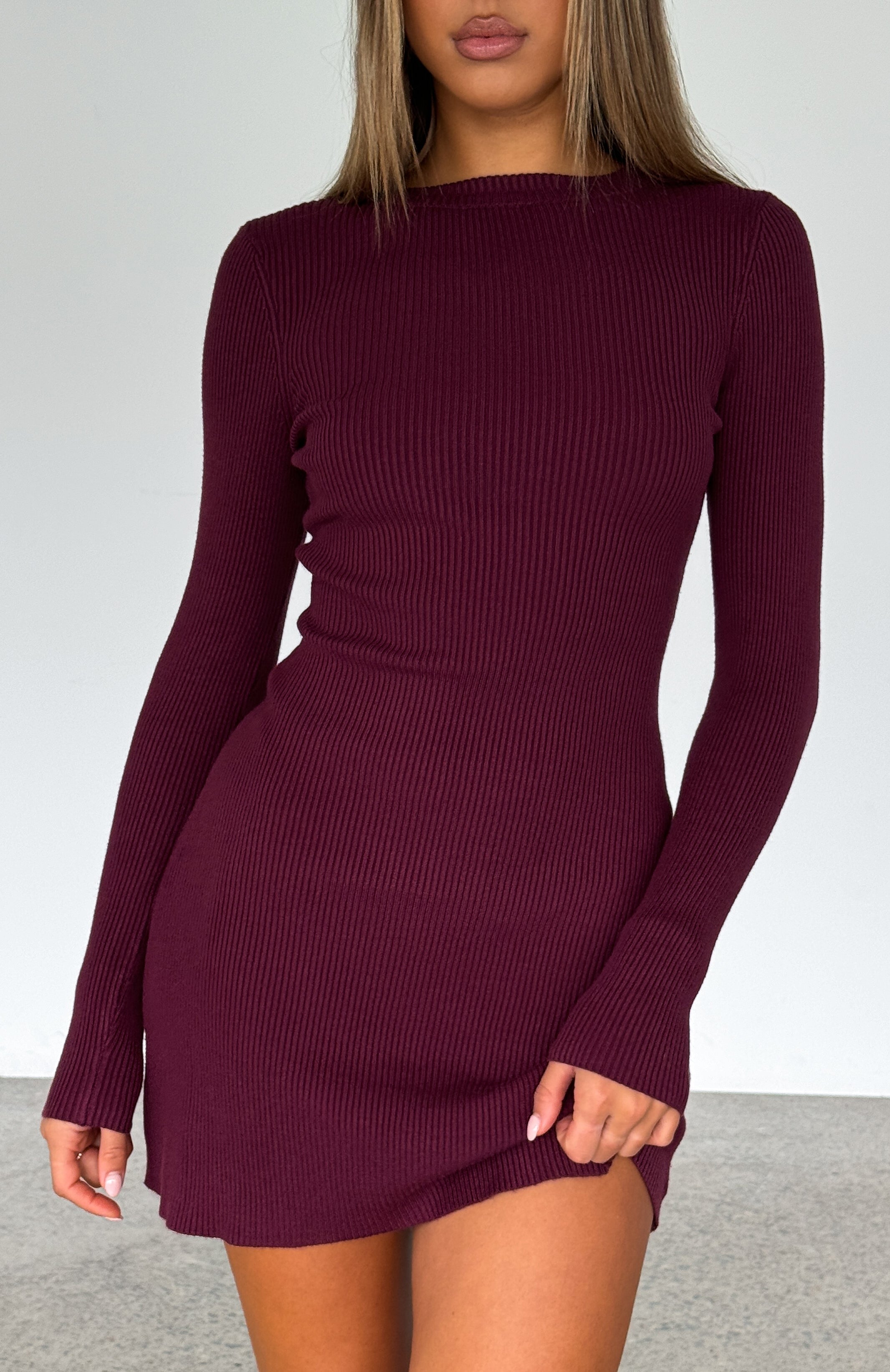 Premium Let's Be Together Long Sleeve Mini Dress - Dark Merlot