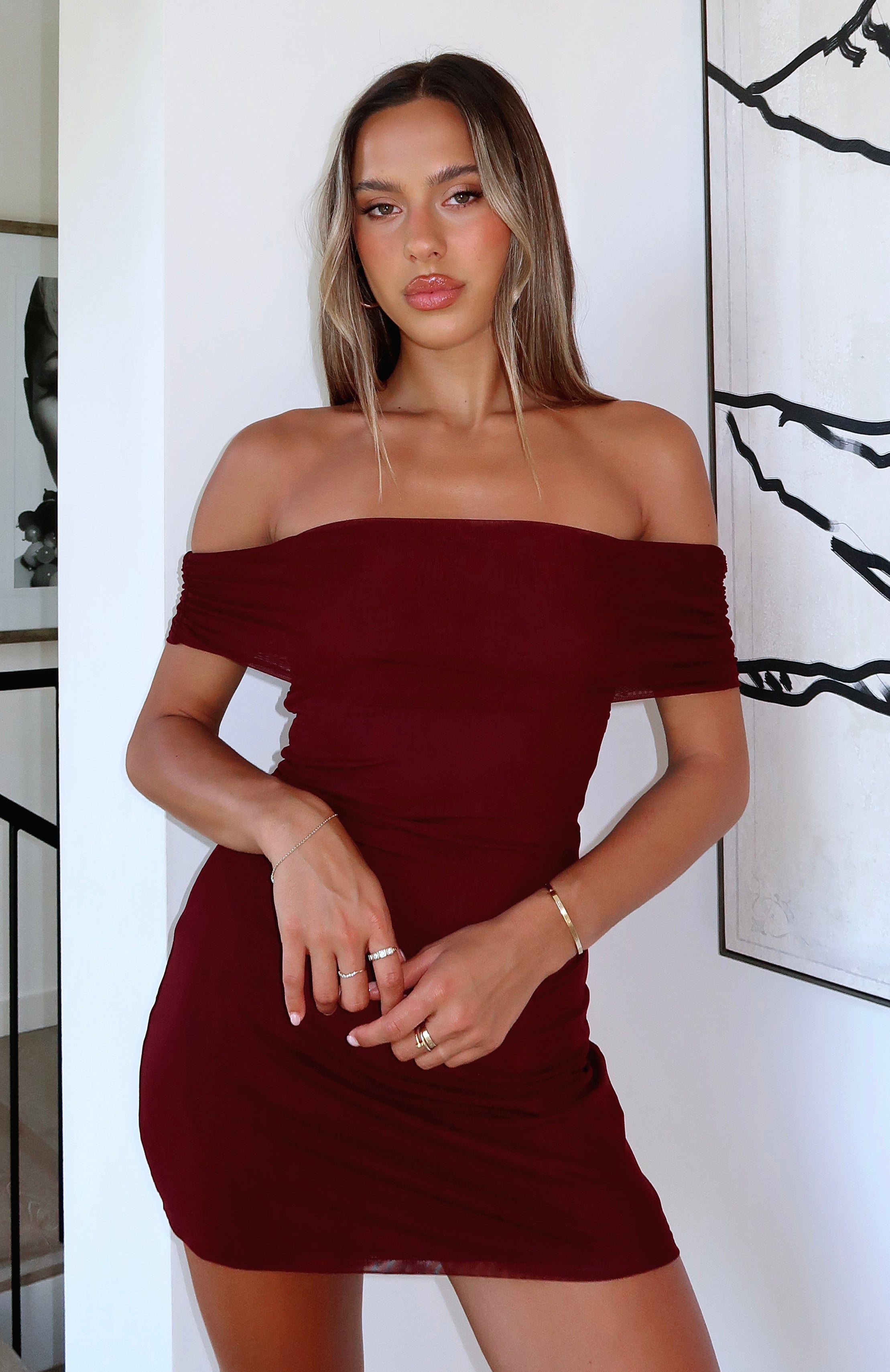 Ultimate Romance Off-Shoulder Mini Dress - Burgundy