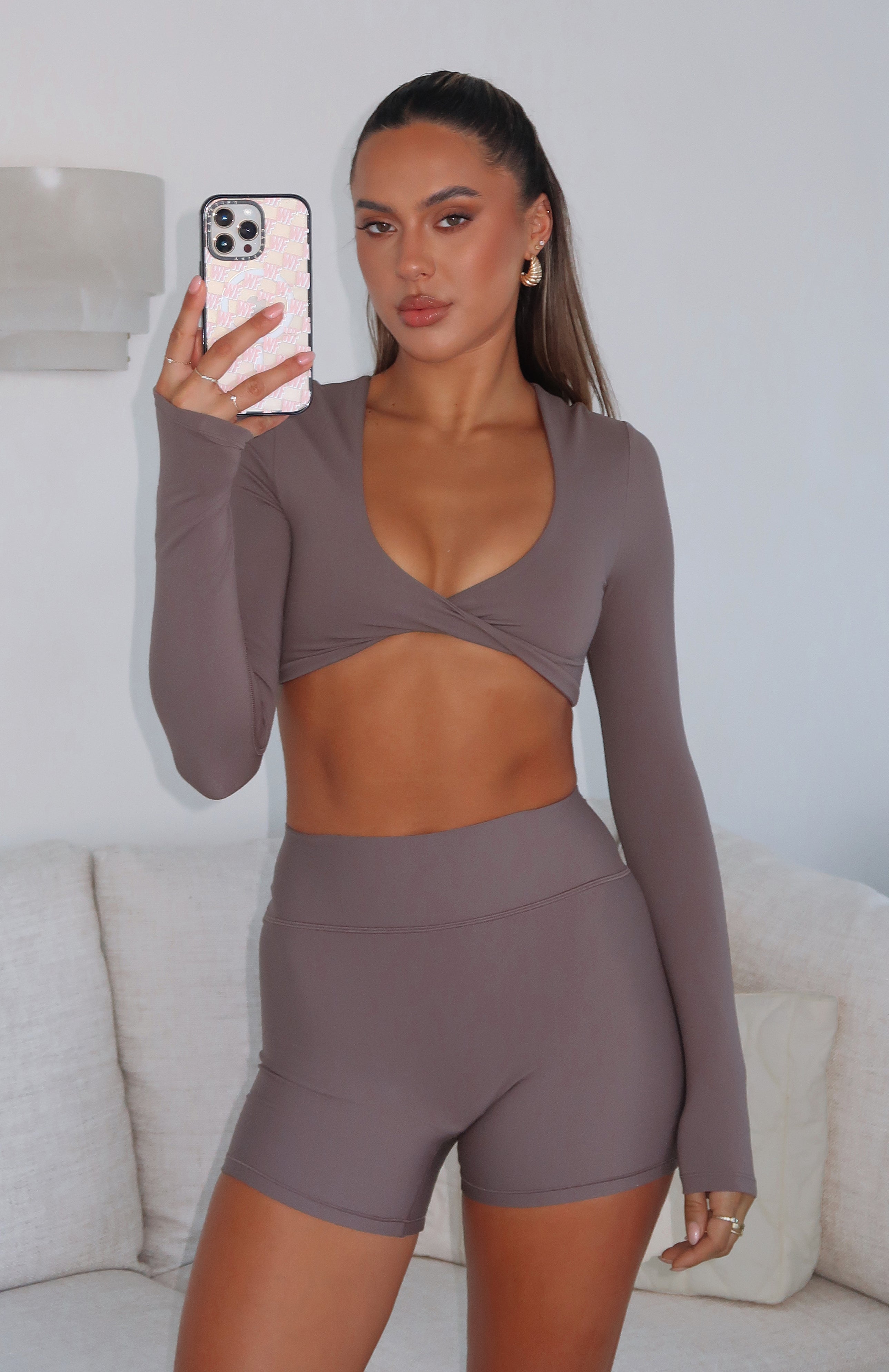 Premium Over The Line Long Sleeve Crop Top - Cocoa