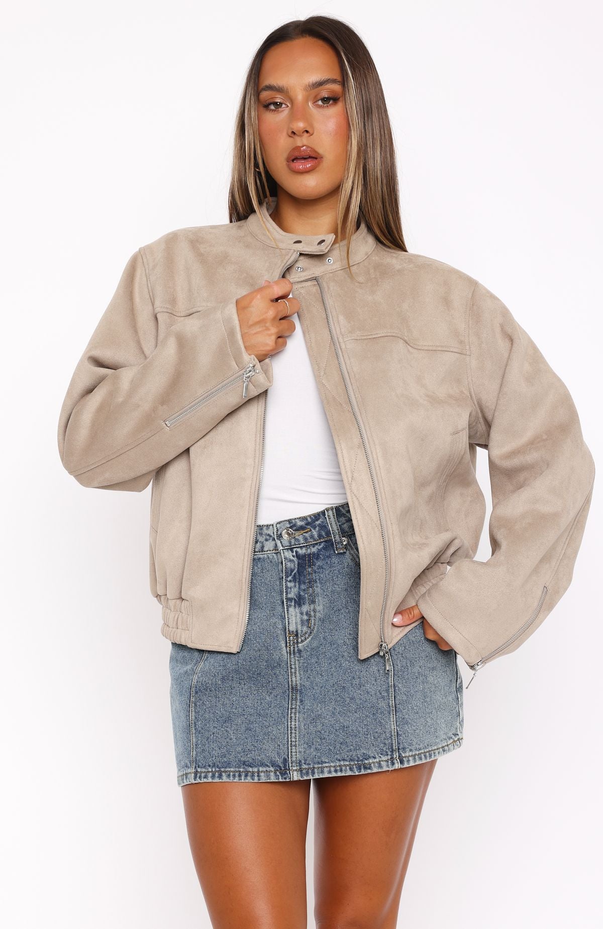 Premium Suede Bomber Jacket - Sand