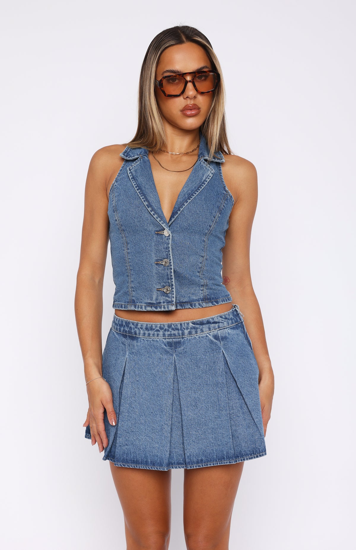 Premium Midnight Whispers Denim Vest - Mid Blue