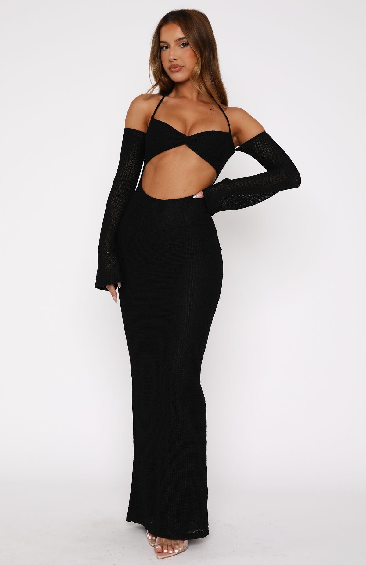 Ultimate Resort Elegance: To The Beach Long Sleeve Maxi Dress in Black