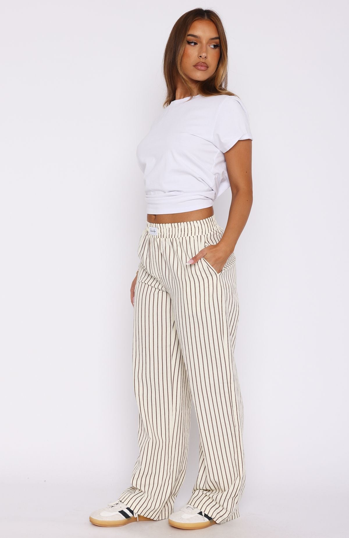 Premium Striped High-Waisted Pants - Cream/Chocolate