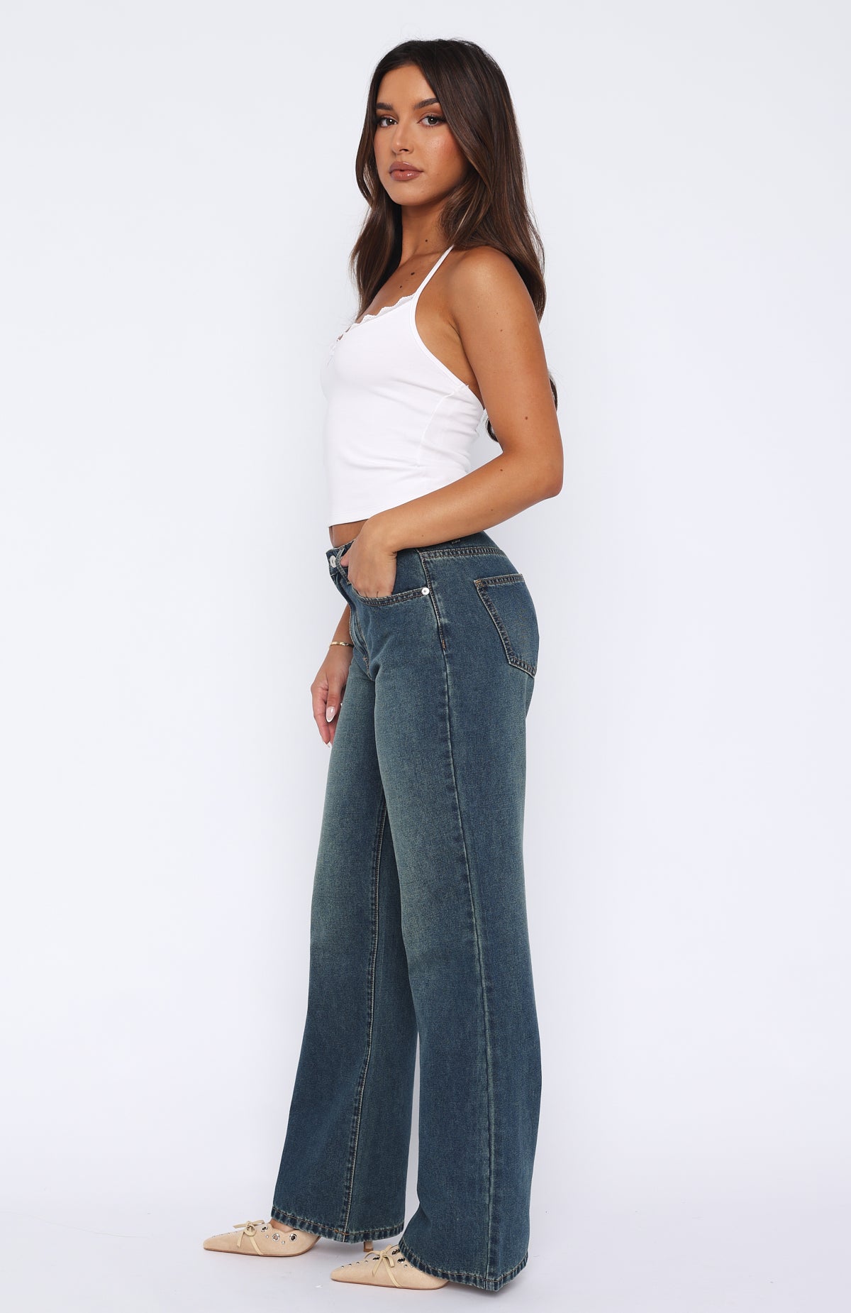 Premium Vintage Desire Mid Rise Straight Leg Jeans - Mid Blue Wash