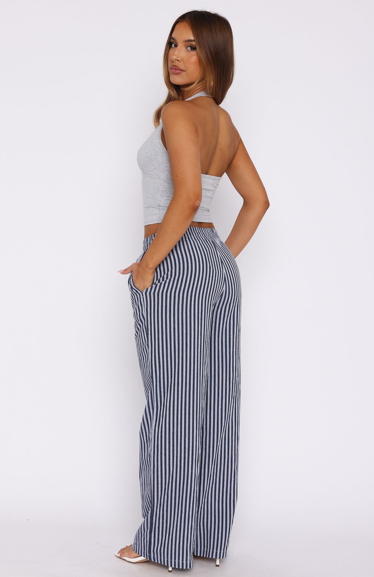 Premium Striped High-Waisted Pants - Navy