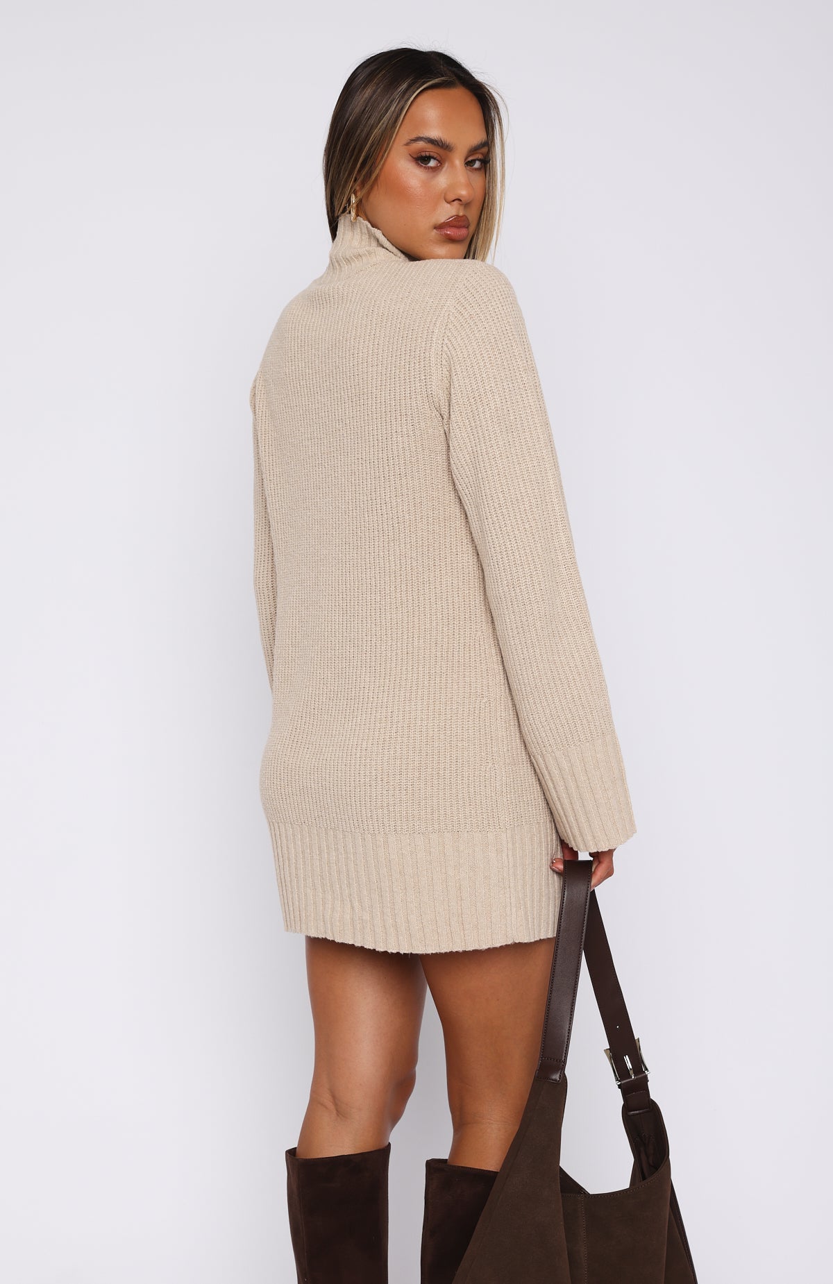 Premium Fireside Long Sleeve Knit Dress - Stone