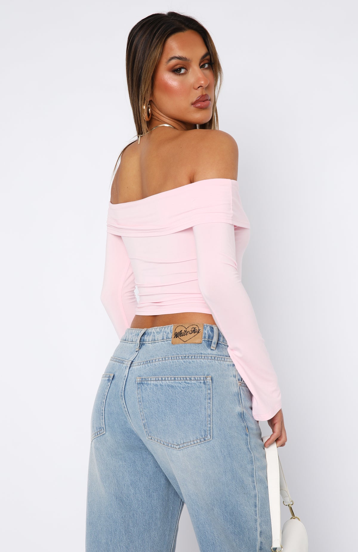 Premium Keep Saying Sorry Off-Shoulder Long Sleeve Top in Baby Pink