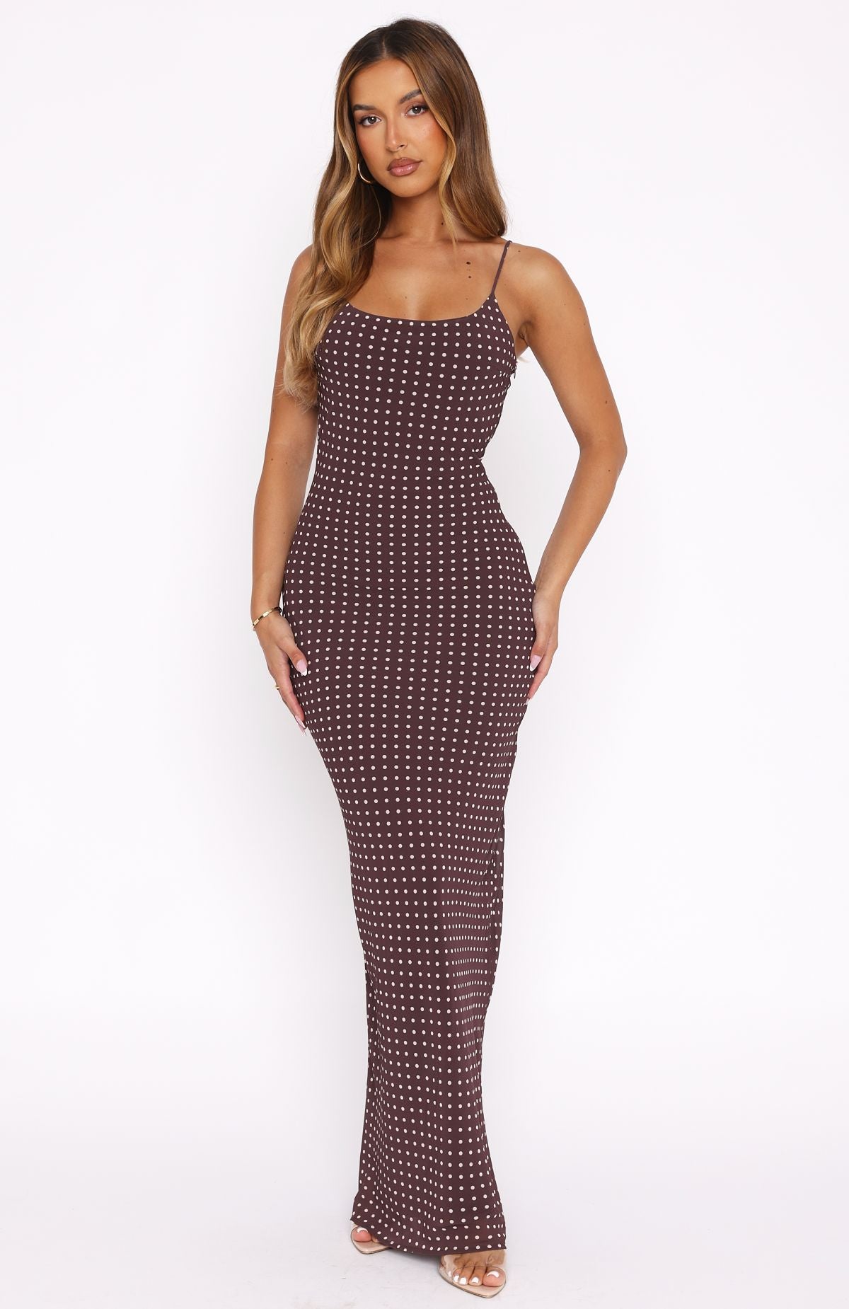 Premium Lost Stars Maxi Dress - Chocolate Polka Dot Elegance