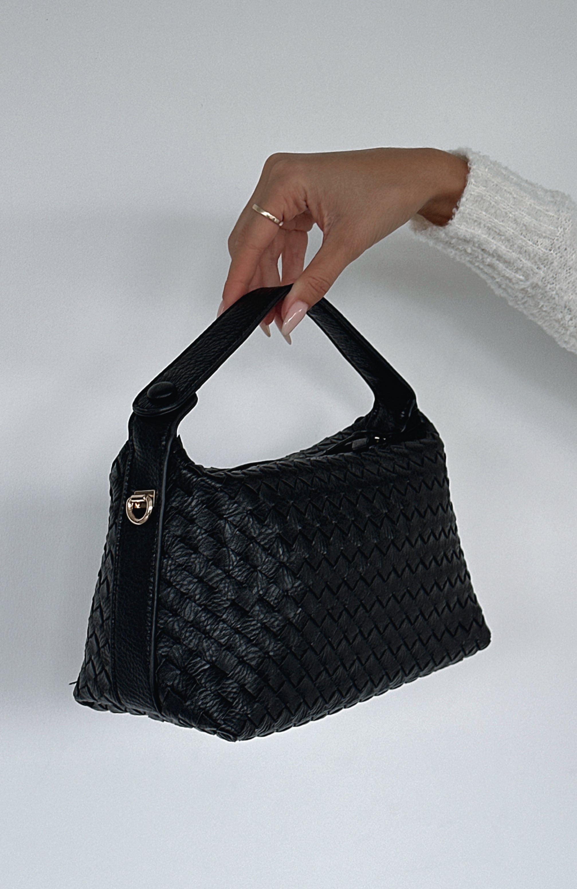 Premium Lana Woven Top Handle Bag - Black