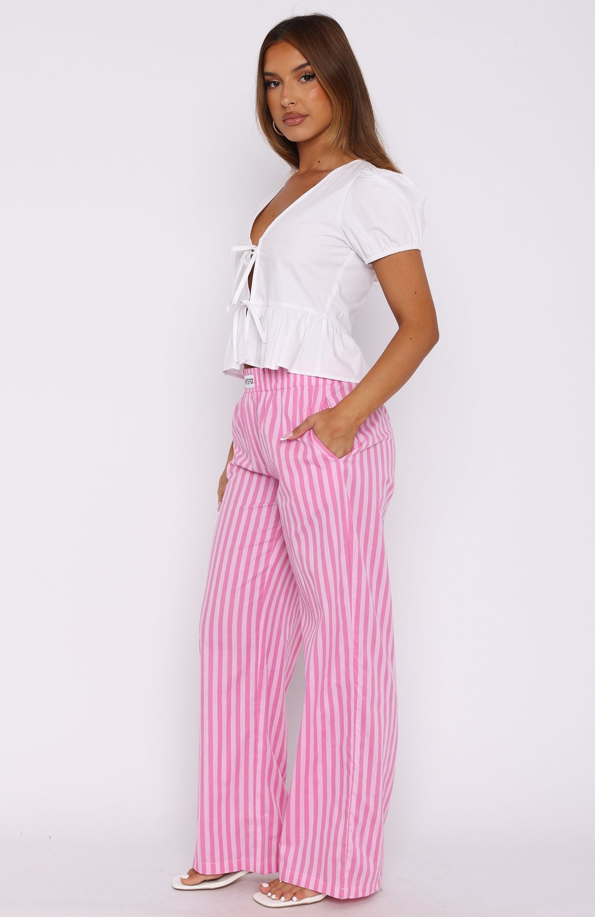 Premium Striped High-Waisted Pants - Pink