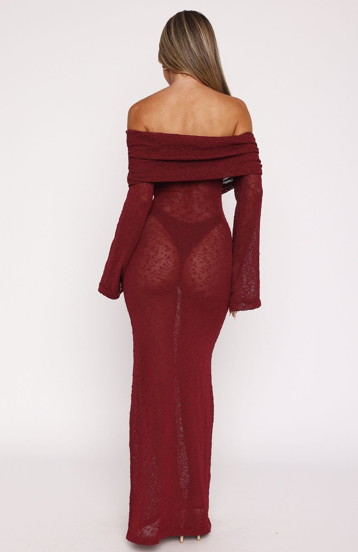 Premium Burgundy Boucle Maxi Dress - Long Sleeve Off-Shoulder Design