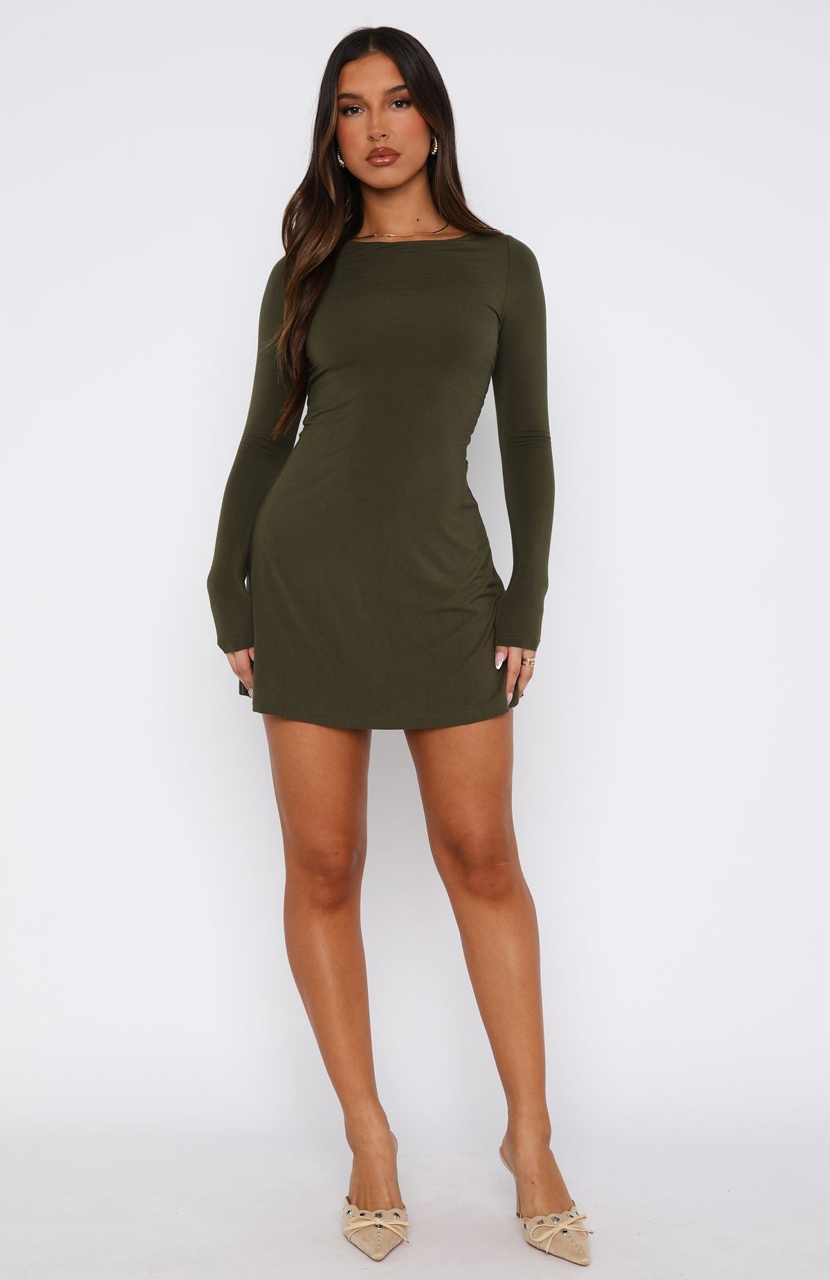 Ultimate Long Sleeve Mini Dress in Olive - Premium Stretch Fabric