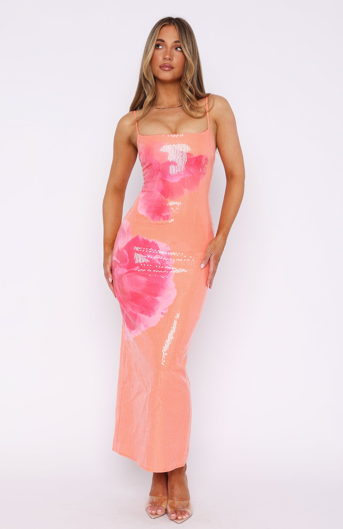 Premium Tangerine Blossom Maxi Dress with Sequin Embellishments