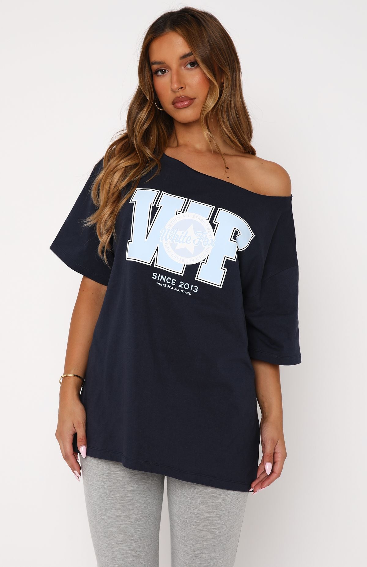 Premium Your Favourite View Off Shoulder Oversized Tee - Navy Blue