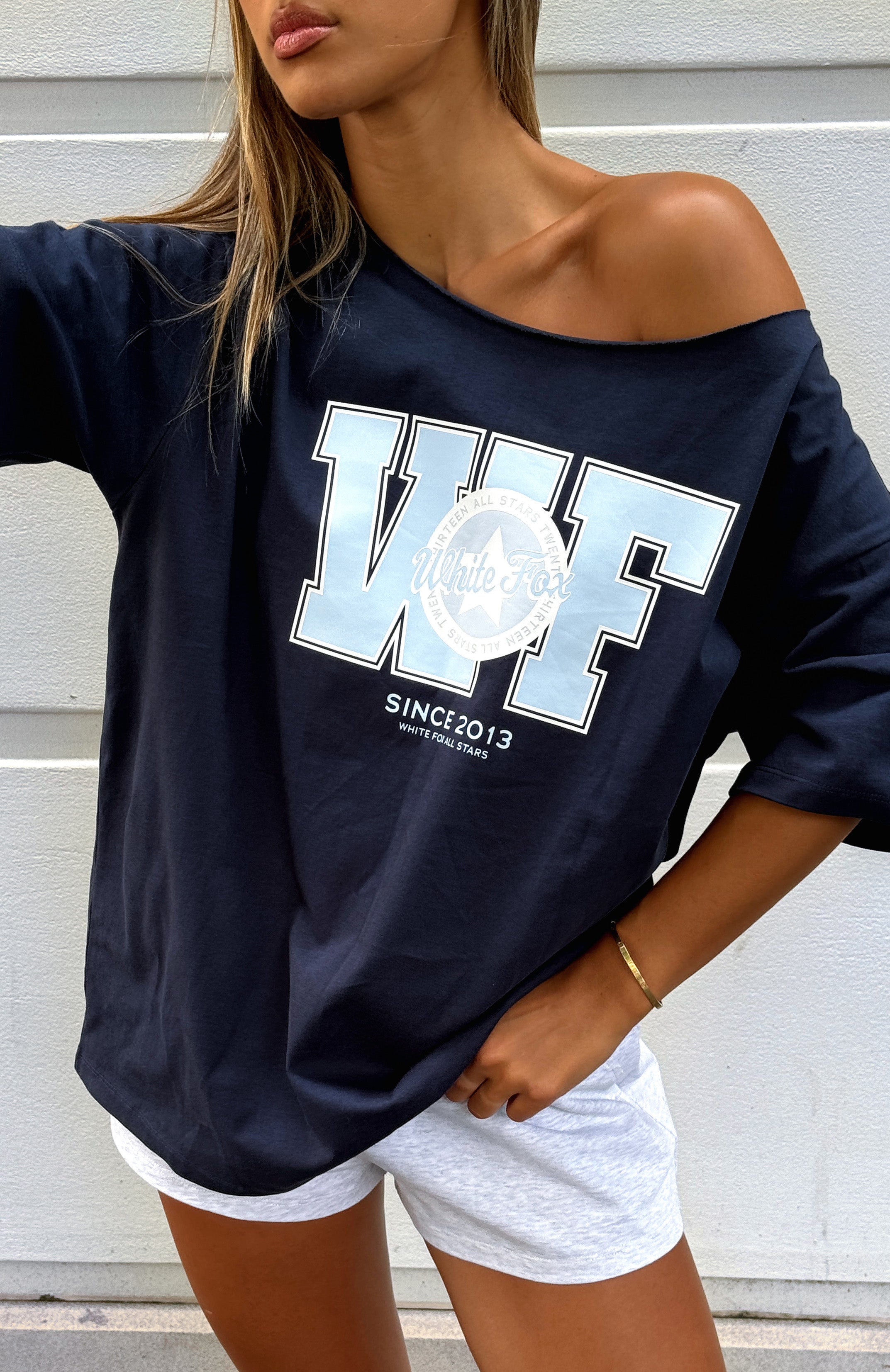 Premium Your Favourite View Off Shoulder Oversized Tee - Navy Blue