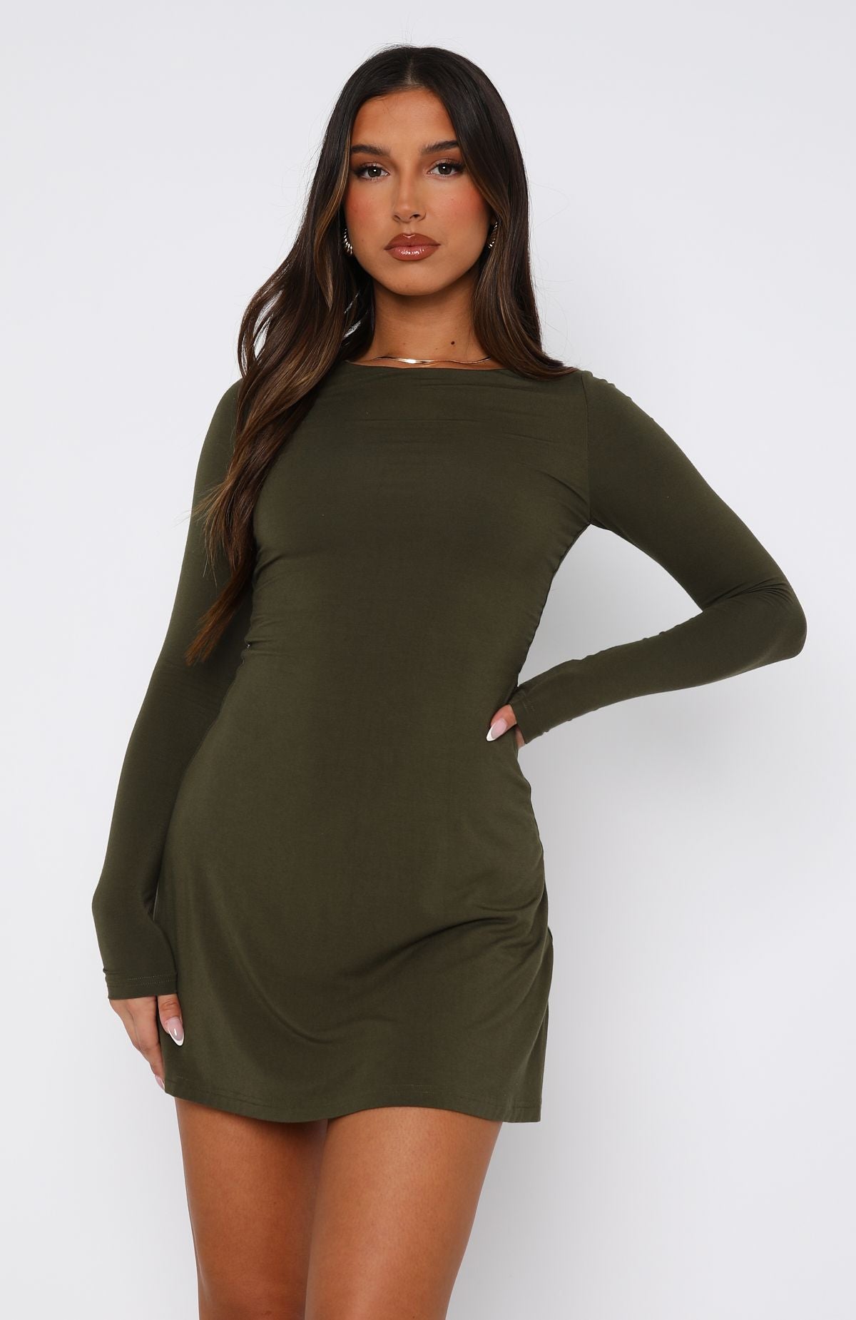 Ultimate Long Sleeve Mini Dress in Olive - Premium Stretch Fabric