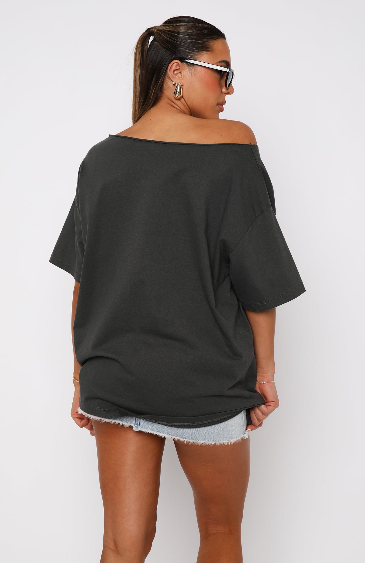 Premium Off-Shoulder Oversized Graphic Tee - Charcoal