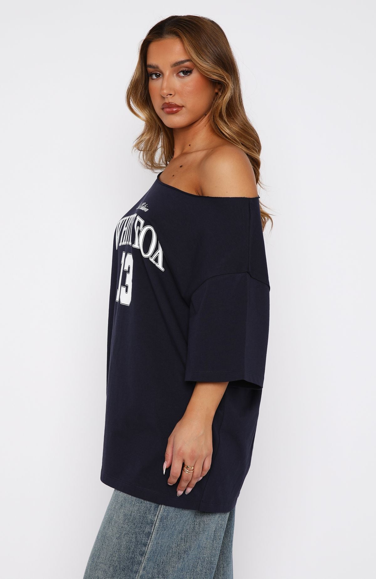 Premium Off-Shoulder Oversized Tee in Navy - Ultimate Chic Style